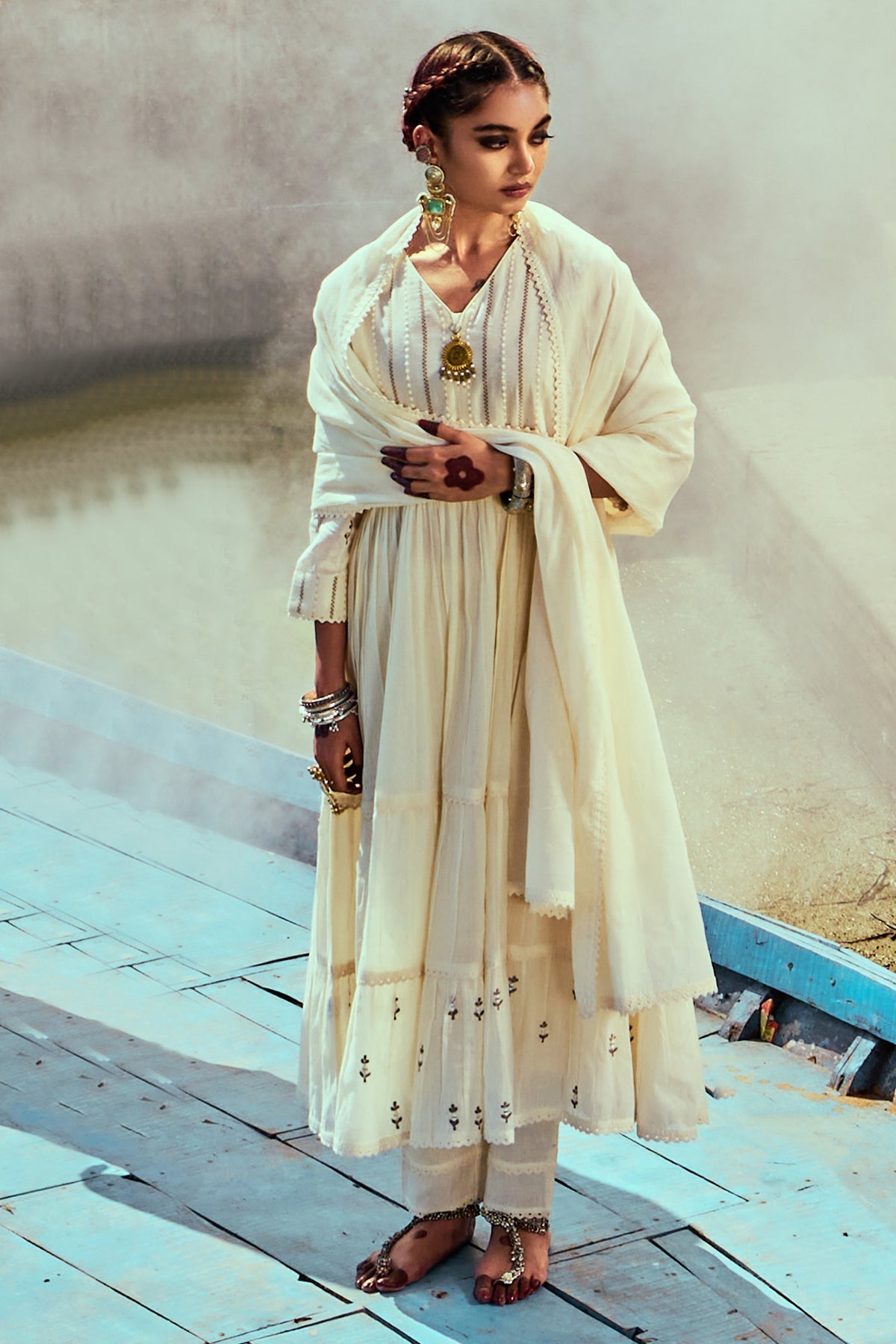 Cream Embroidered Kurta 3 Pcs Set