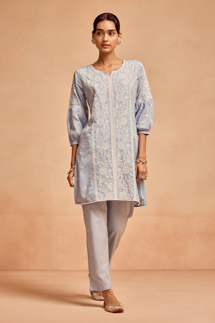 Blue Embroidered Kurta 3 Pcs Set