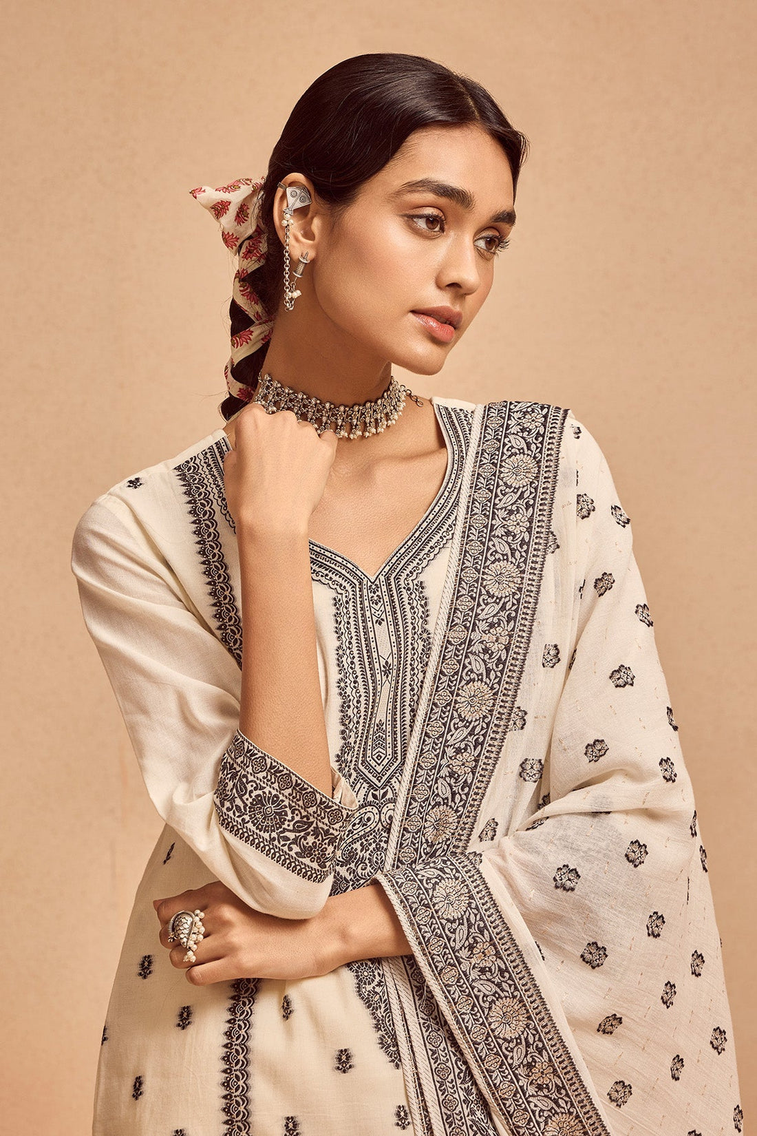 Cream Printed Kurta 3 Pcs Set
