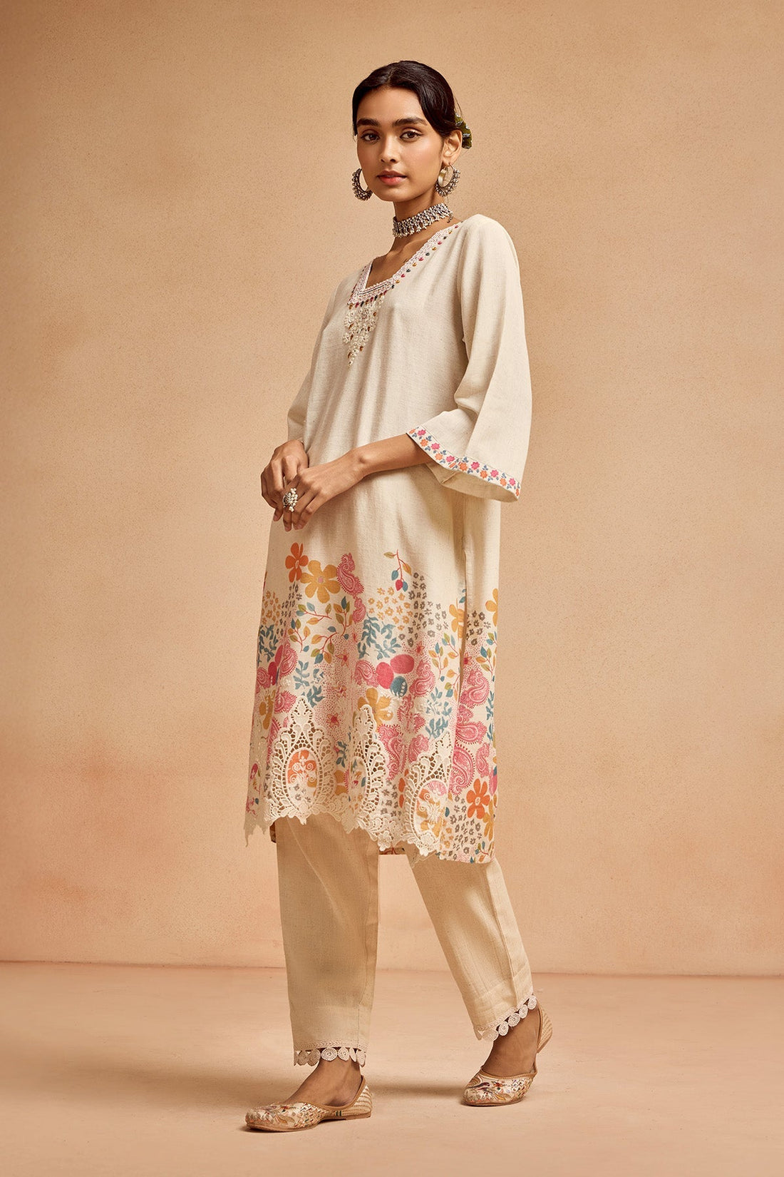 Cream Printed Kurta 2 Pcs Set