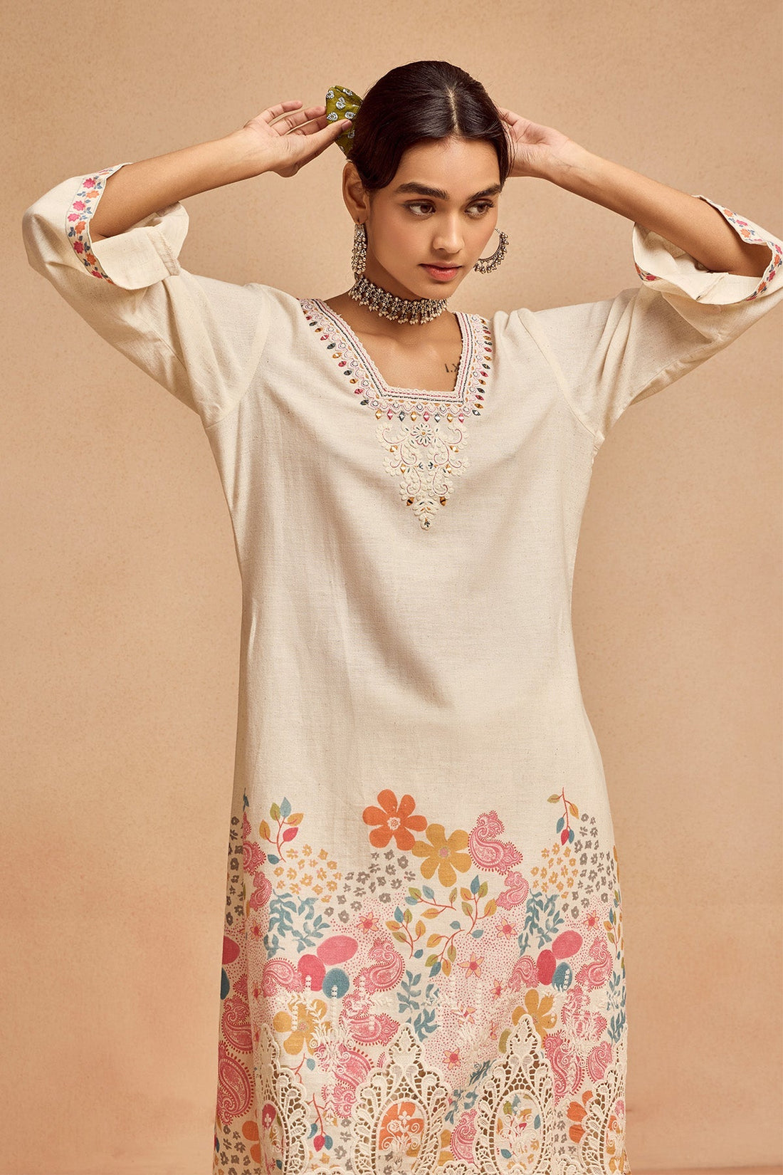 Cream Printed Kurta 2 Pcs Set