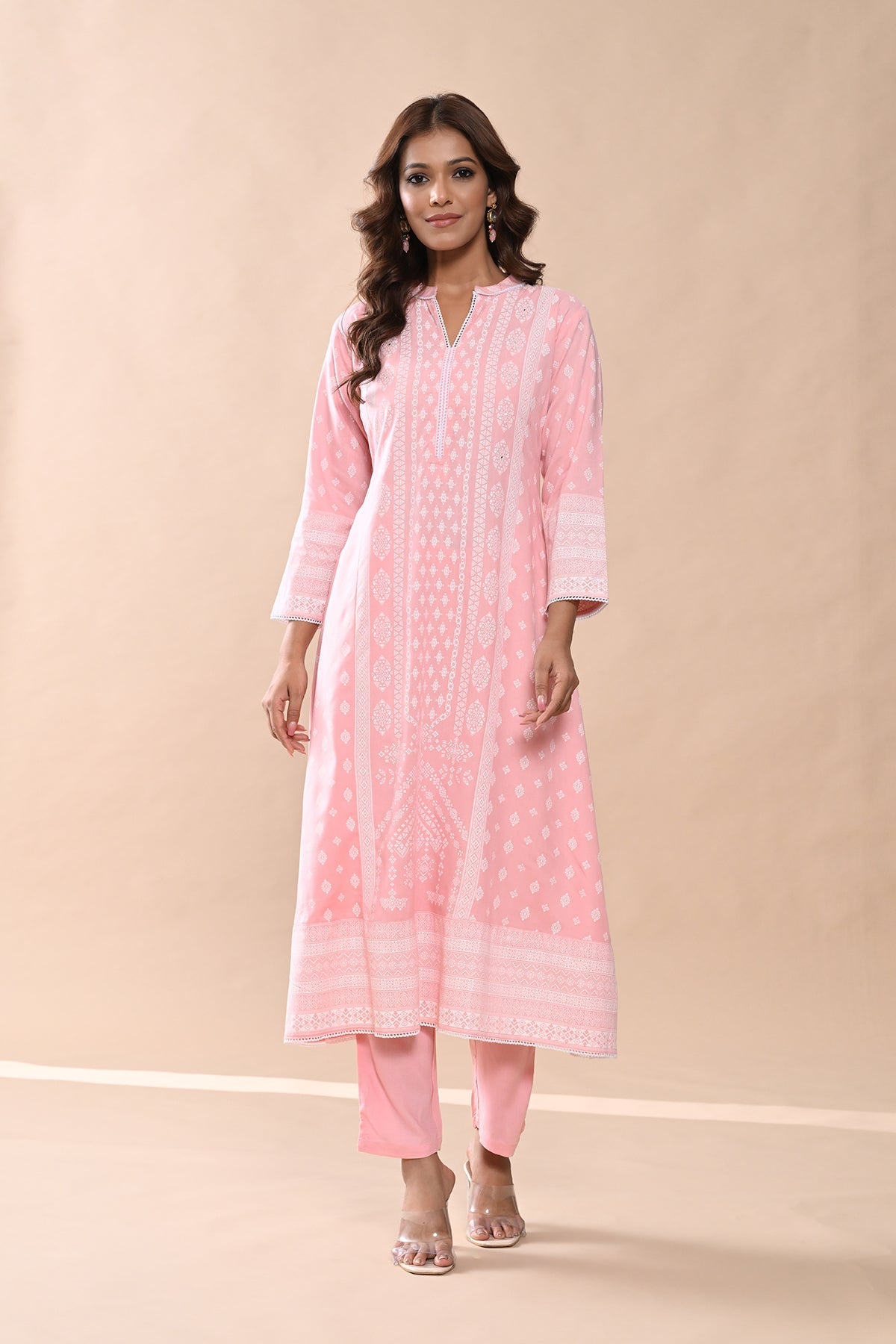 Peach Printed Kurta 3 Pcs Set