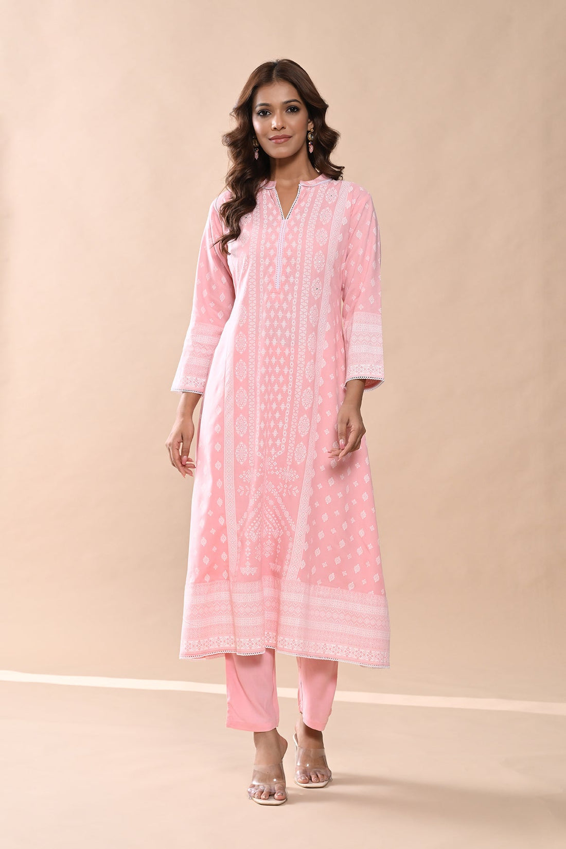 Peach Printed Kurta 3 Pcs Set