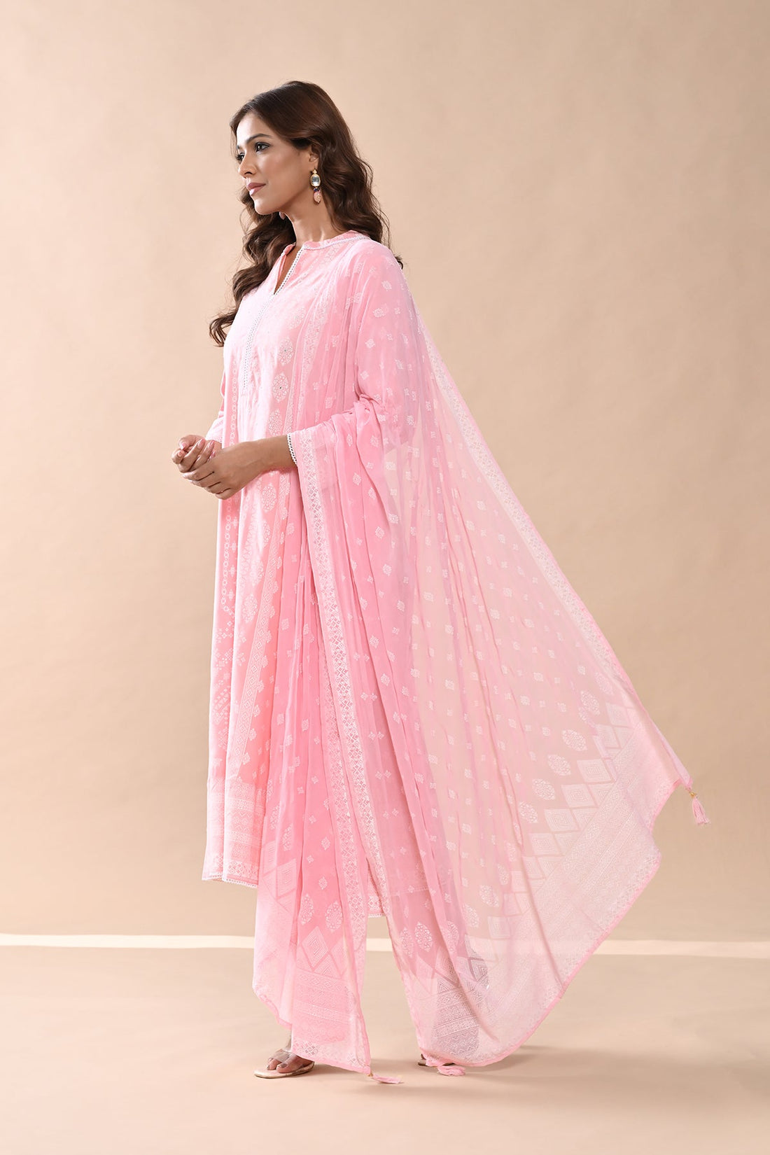 Peach Printed Kurta 3 Pcs Set