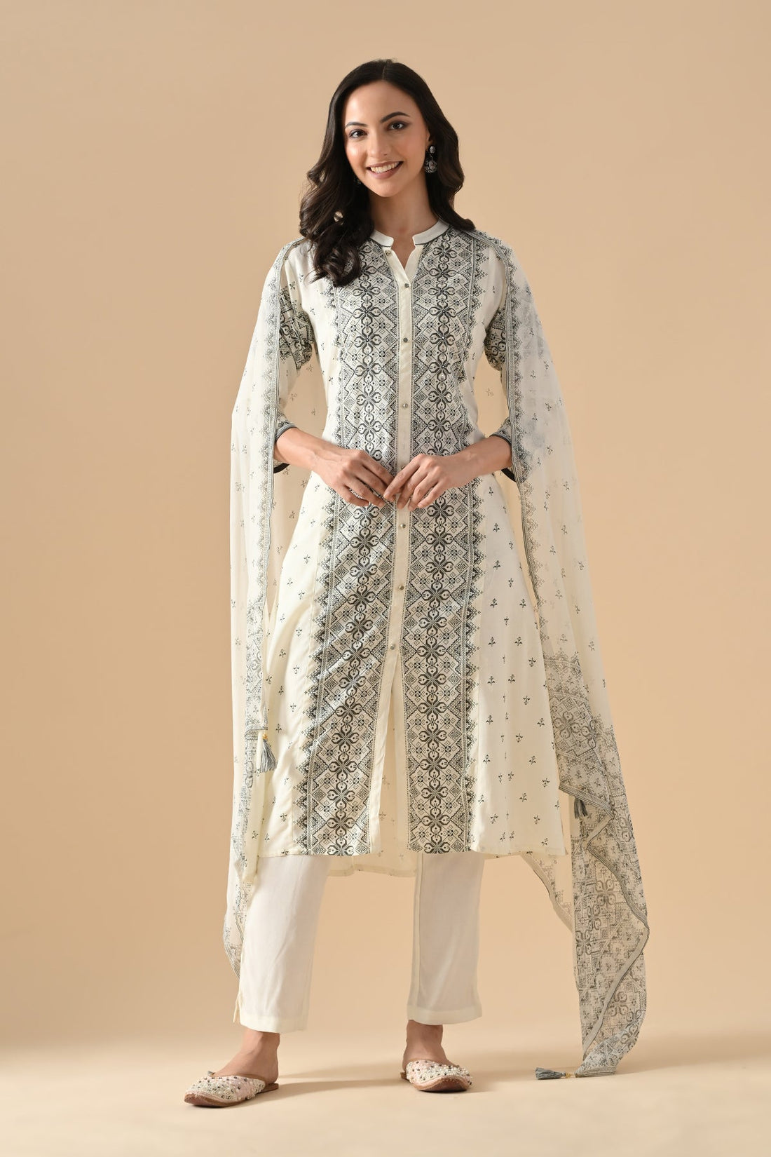 Cream Printed Kurta 3 Pcs Set