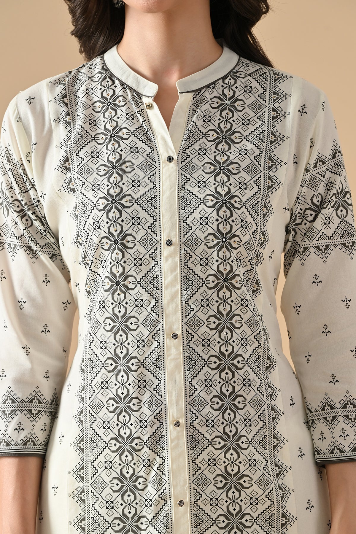 Cream Printed Kurta 3 Pcs Set