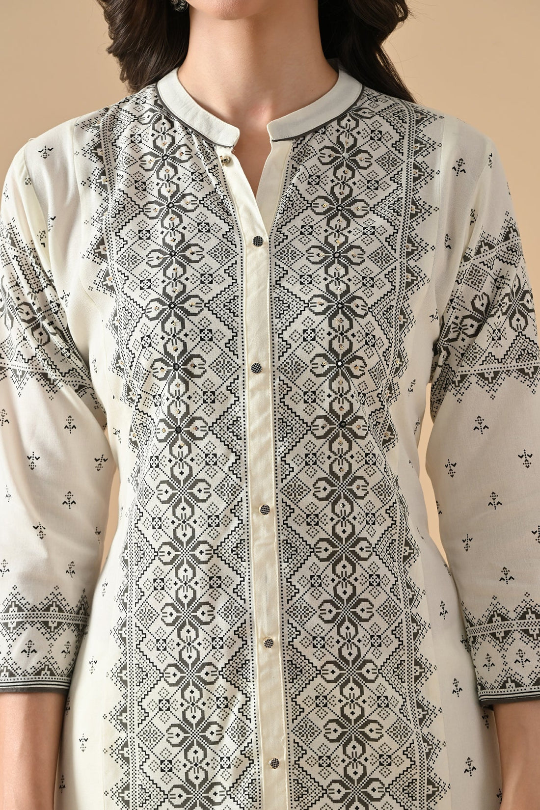 Cream Printed Kurta 3 Pcs Set