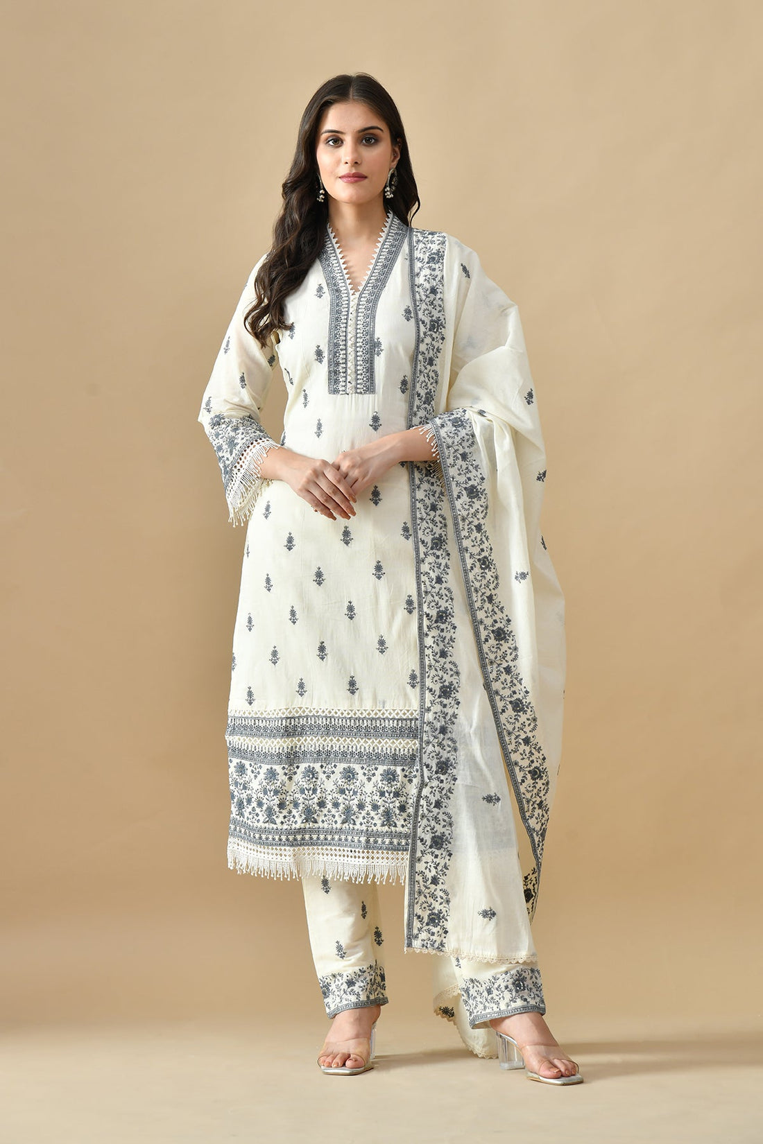 Cream Embroidered Kurta 3 Pcs Set