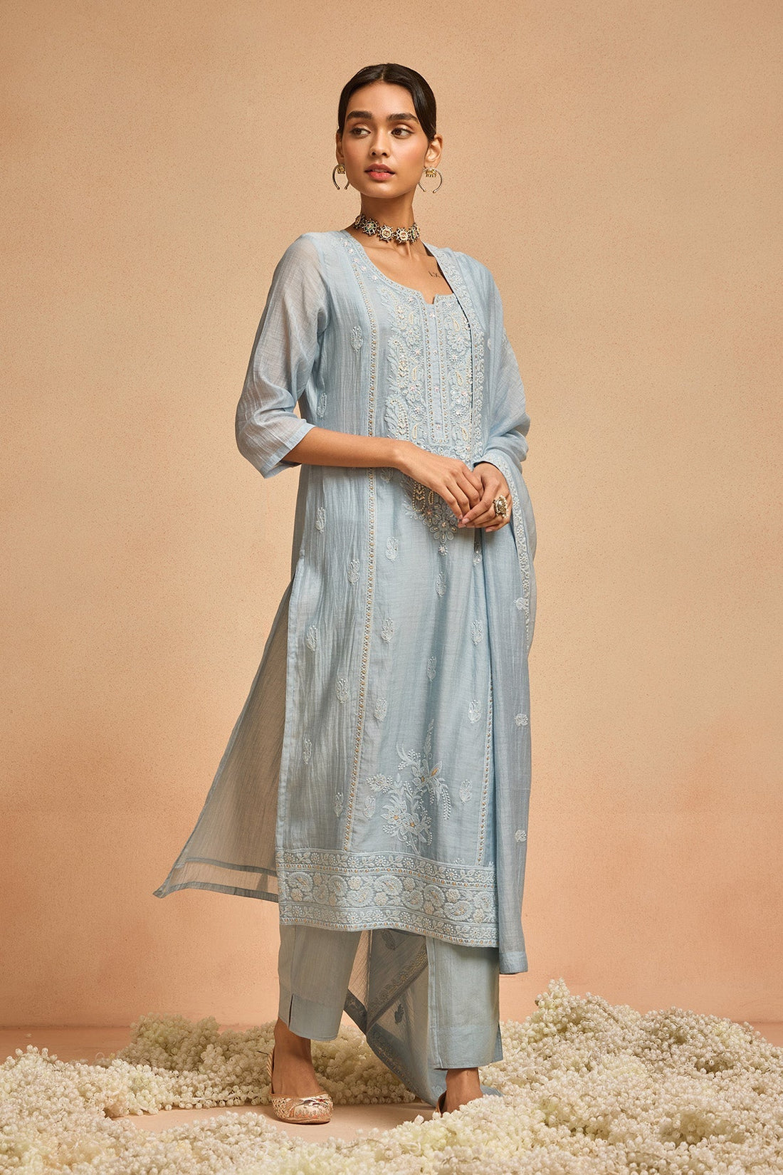 Blue Straight Kurta 3 Pcs Set