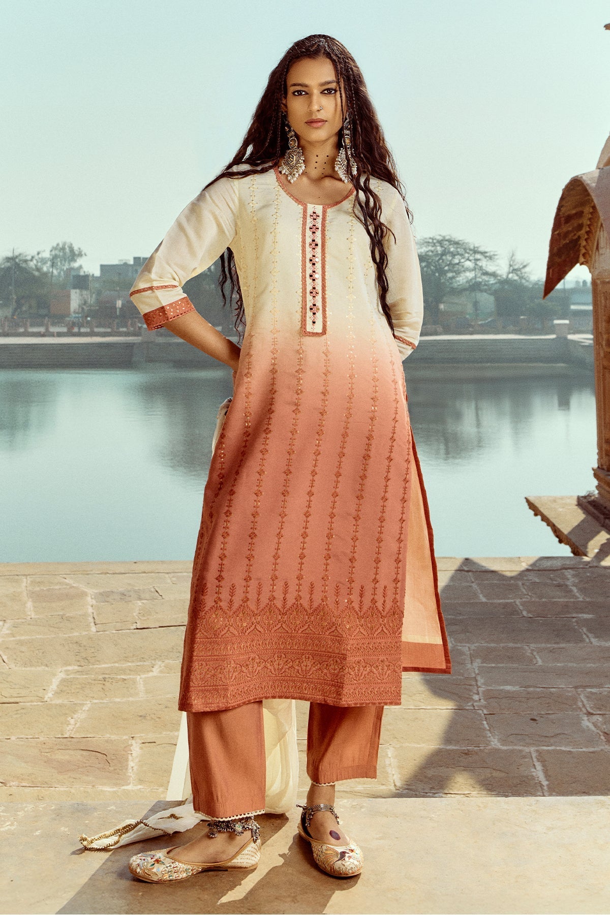 Cream Straight Kurta 3 Pcs Set