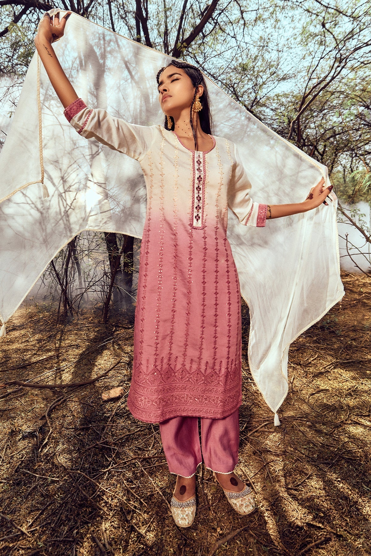 Cream Straight Kurta 3 Pcs Set