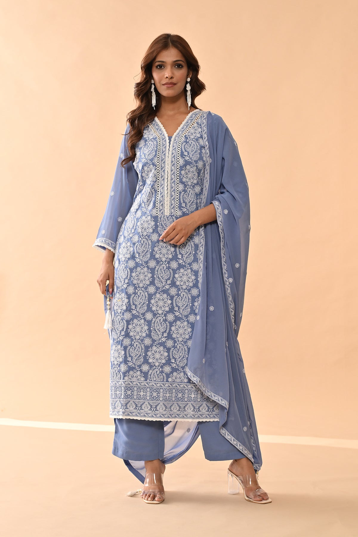 Blue Embroidered Kurta 3 Pcs Set