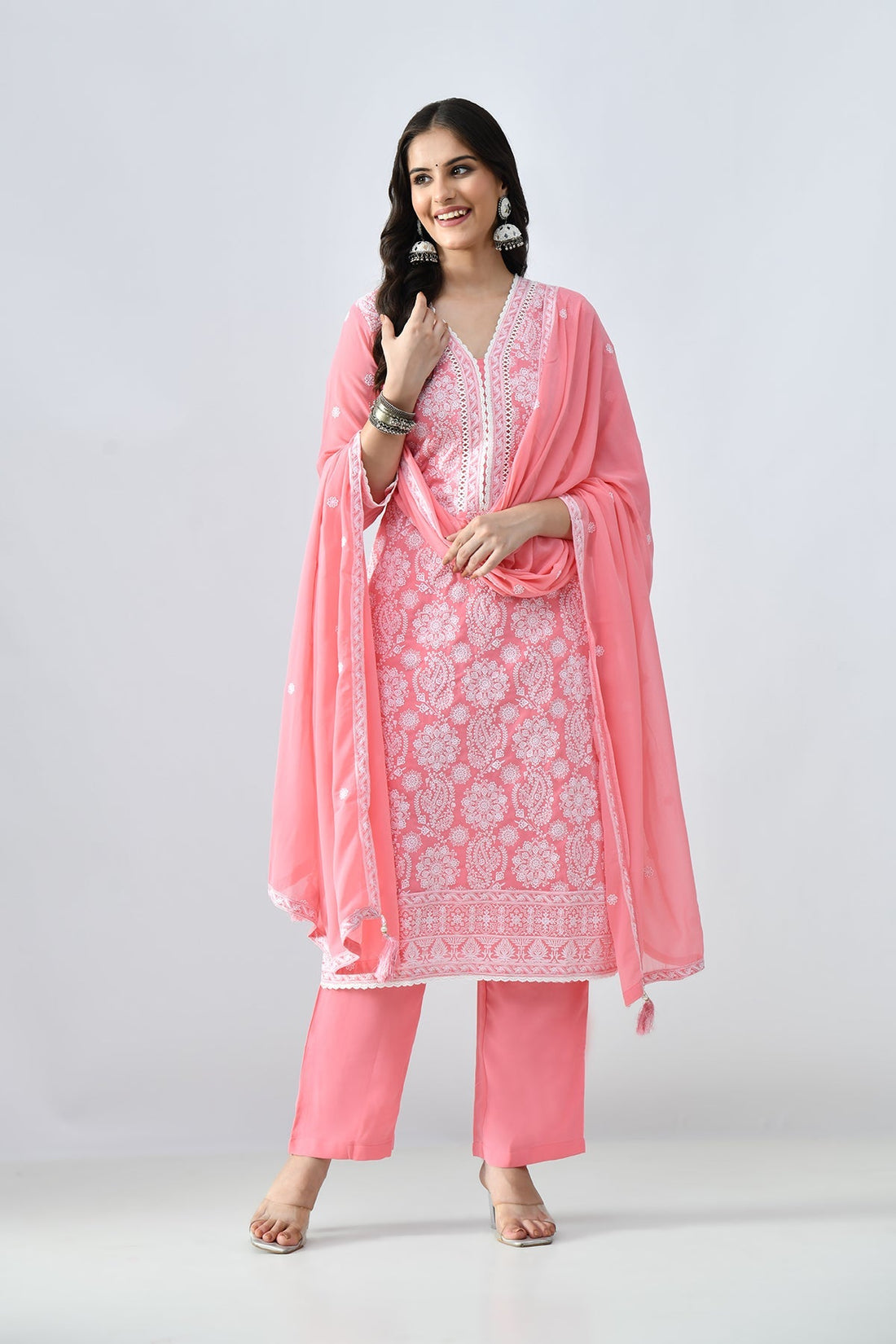Peach Embroidered Kurta 3 Pcs Set