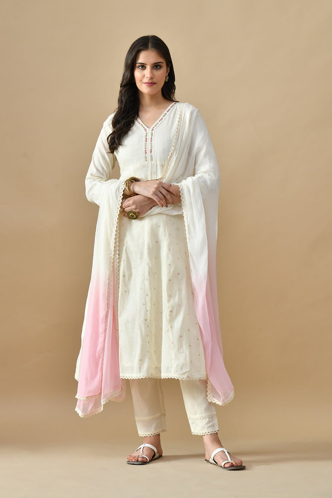 Cream Embroidered Kurta 3 Pcs Set