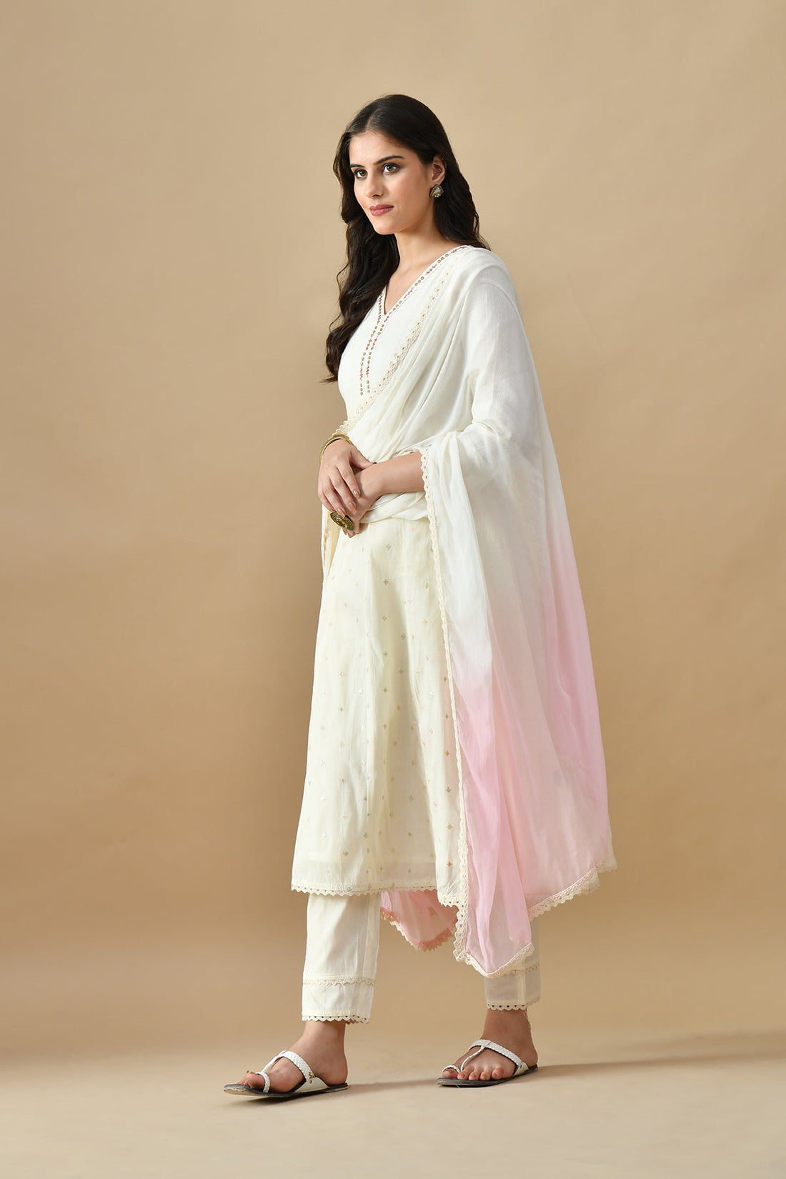 Cream Embroidered Kurta 3 Pcs Set