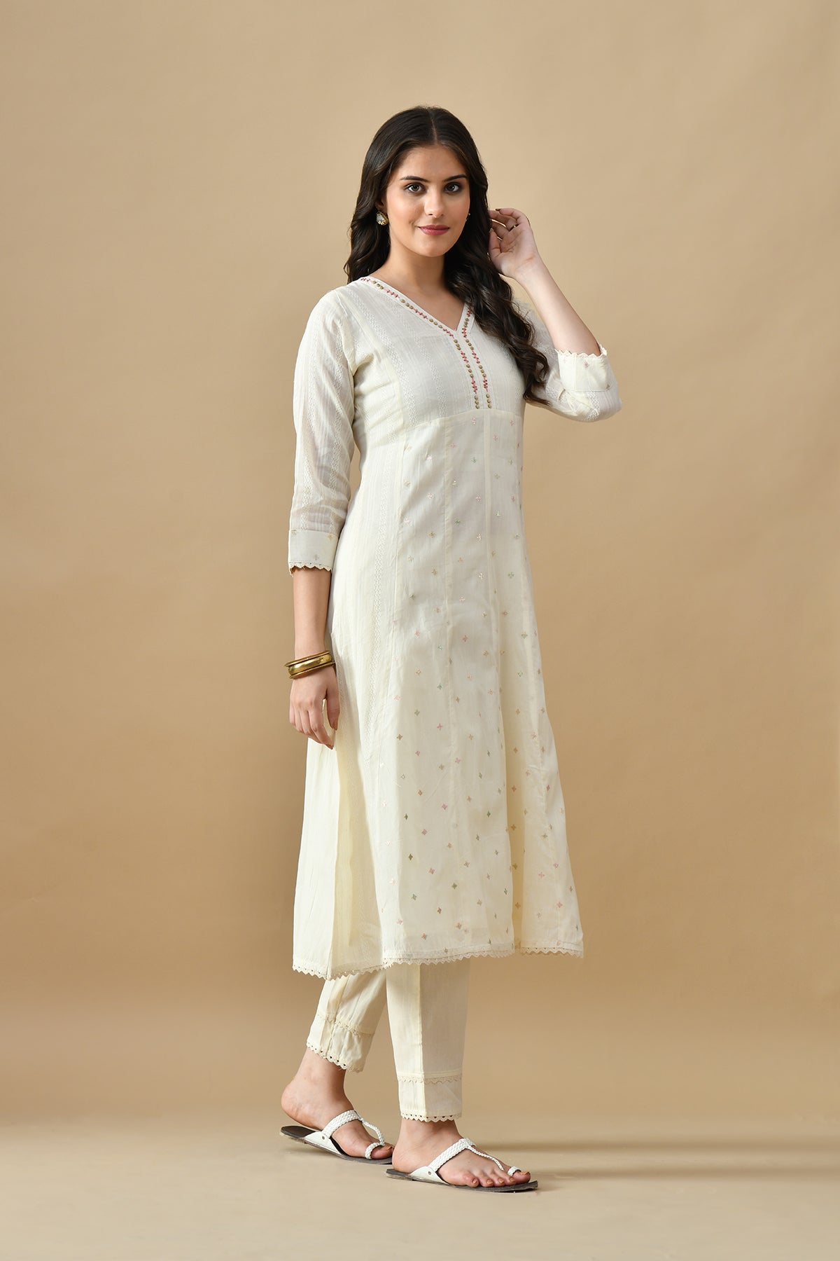 Cream Embroidered Kurta 3 Pcs Set