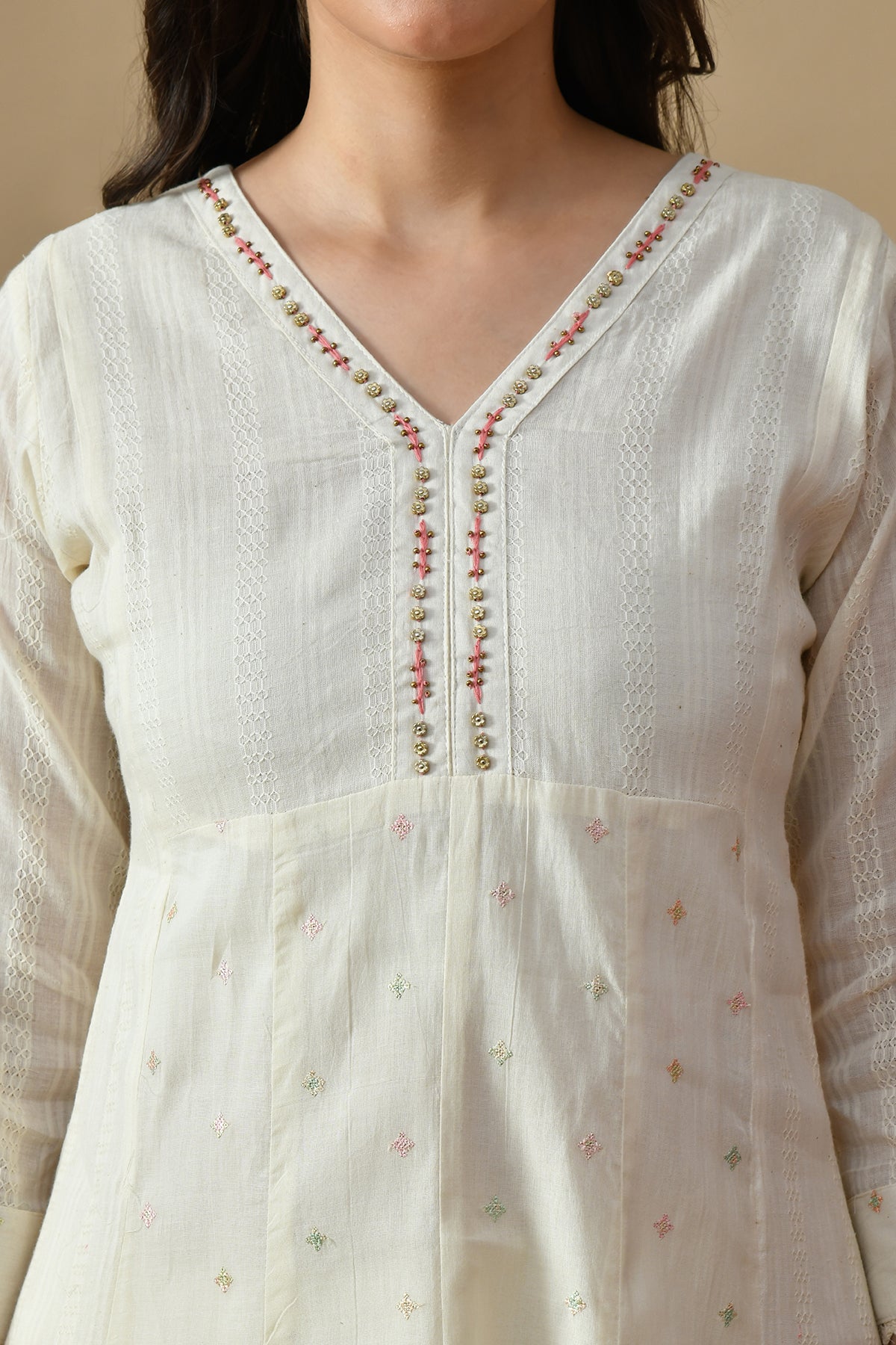 Cream Embroidered Kurta 3 Pcs Set