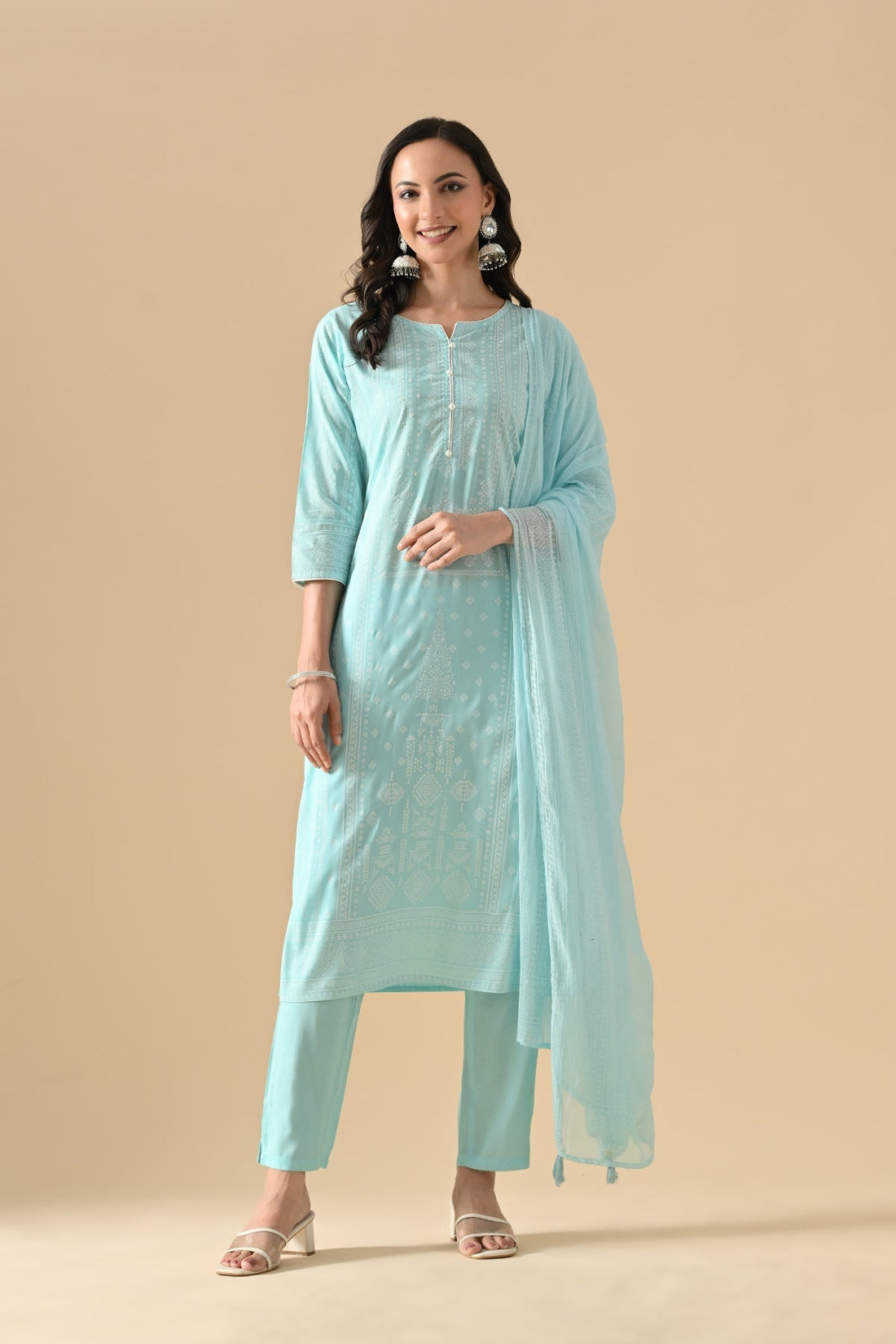 Blue Printed Kurta 3 Pcs Set