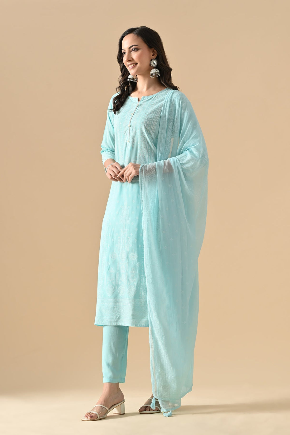 Blue Printed Kurta 3 Pcs Set
