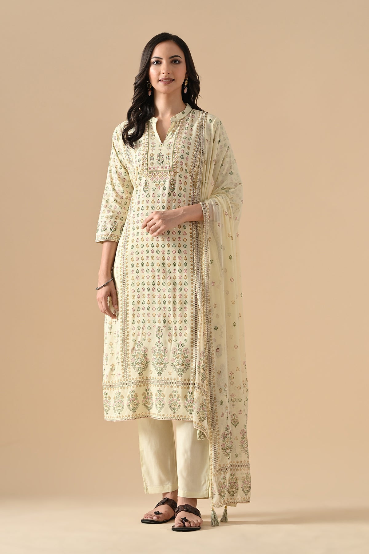 Cream Printed Kurta 3 Pcs Set