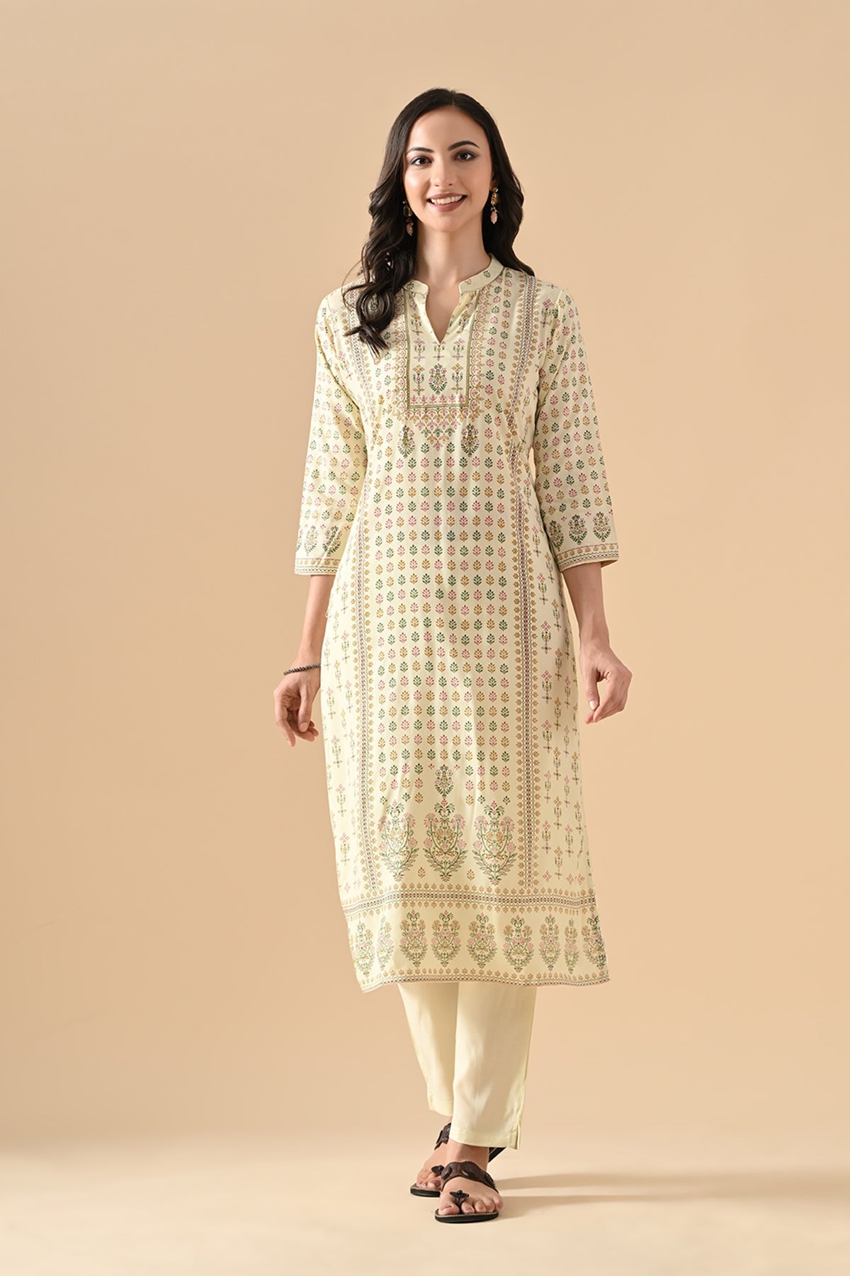 Cream Printed Kurta 3 Pcs Set
