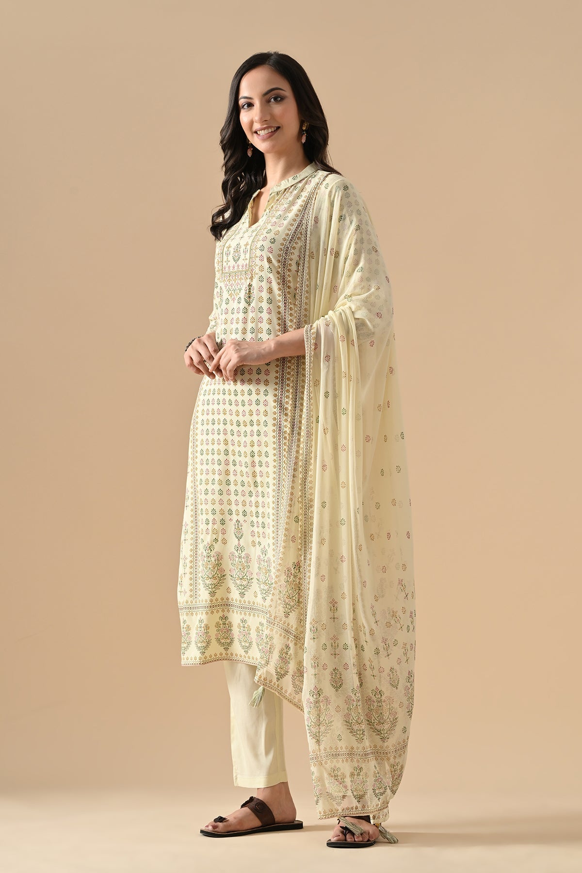 Cream Printed Kurta 3 Pcs Set