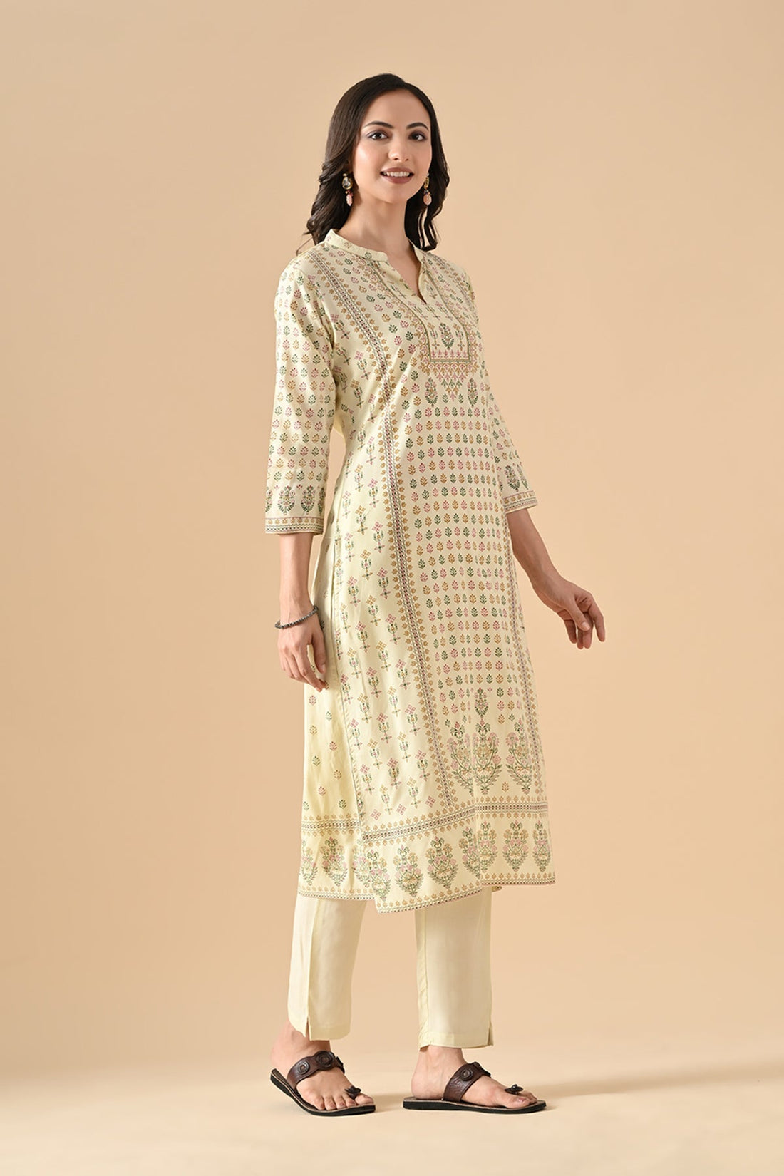 Cream Printed Kurta 3 Pcs Set