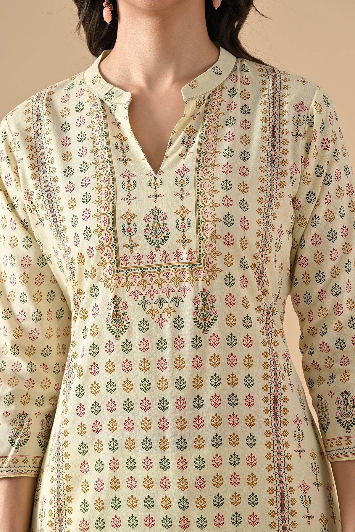 Cream Printed Kurta 3 Pcs Set