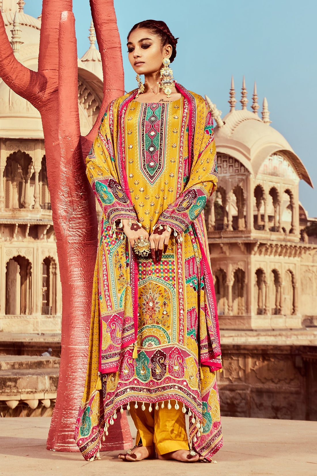 Mustard Embellished Kurta 3 Pcs Set