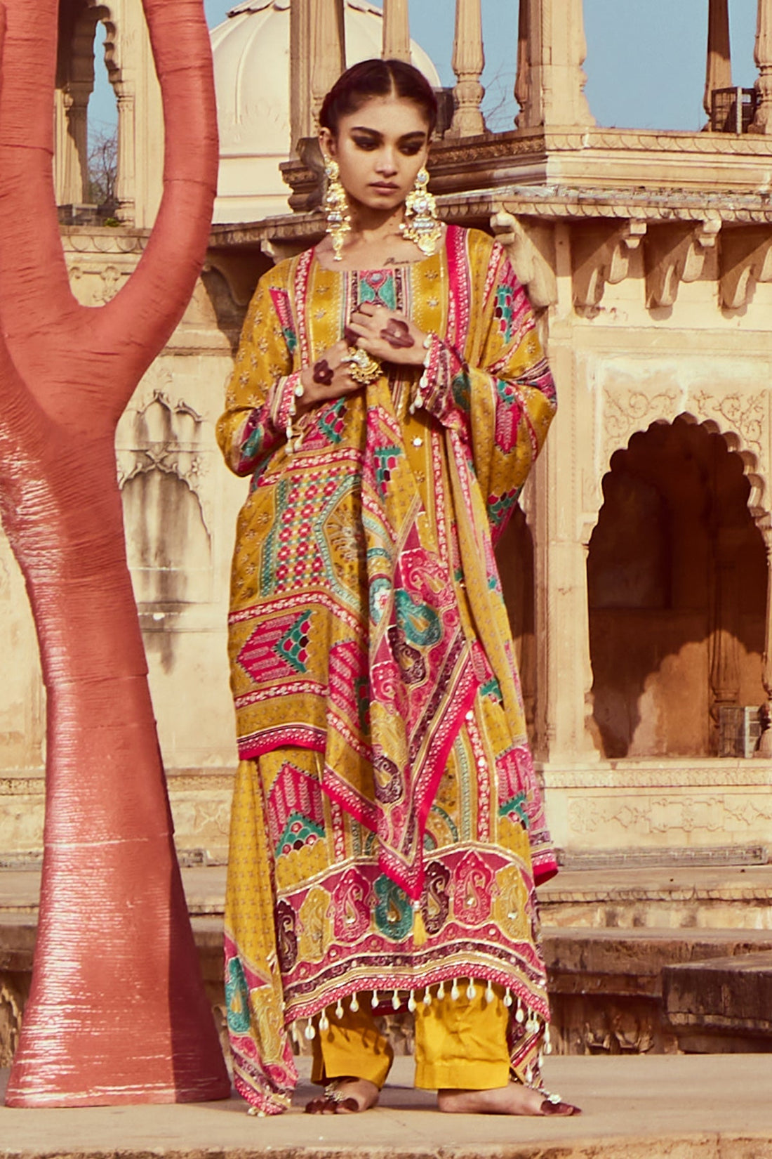 Mustard Embellished Kurta 3 Pcs Set