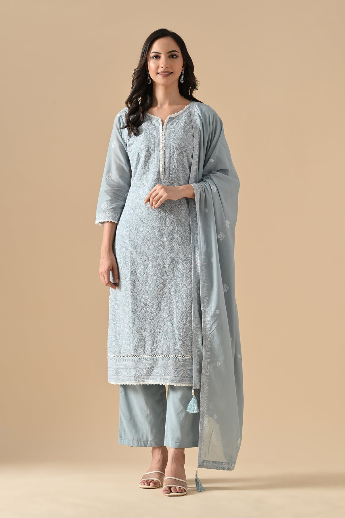 Blue Embroidered Kurta 3 Pcs Set