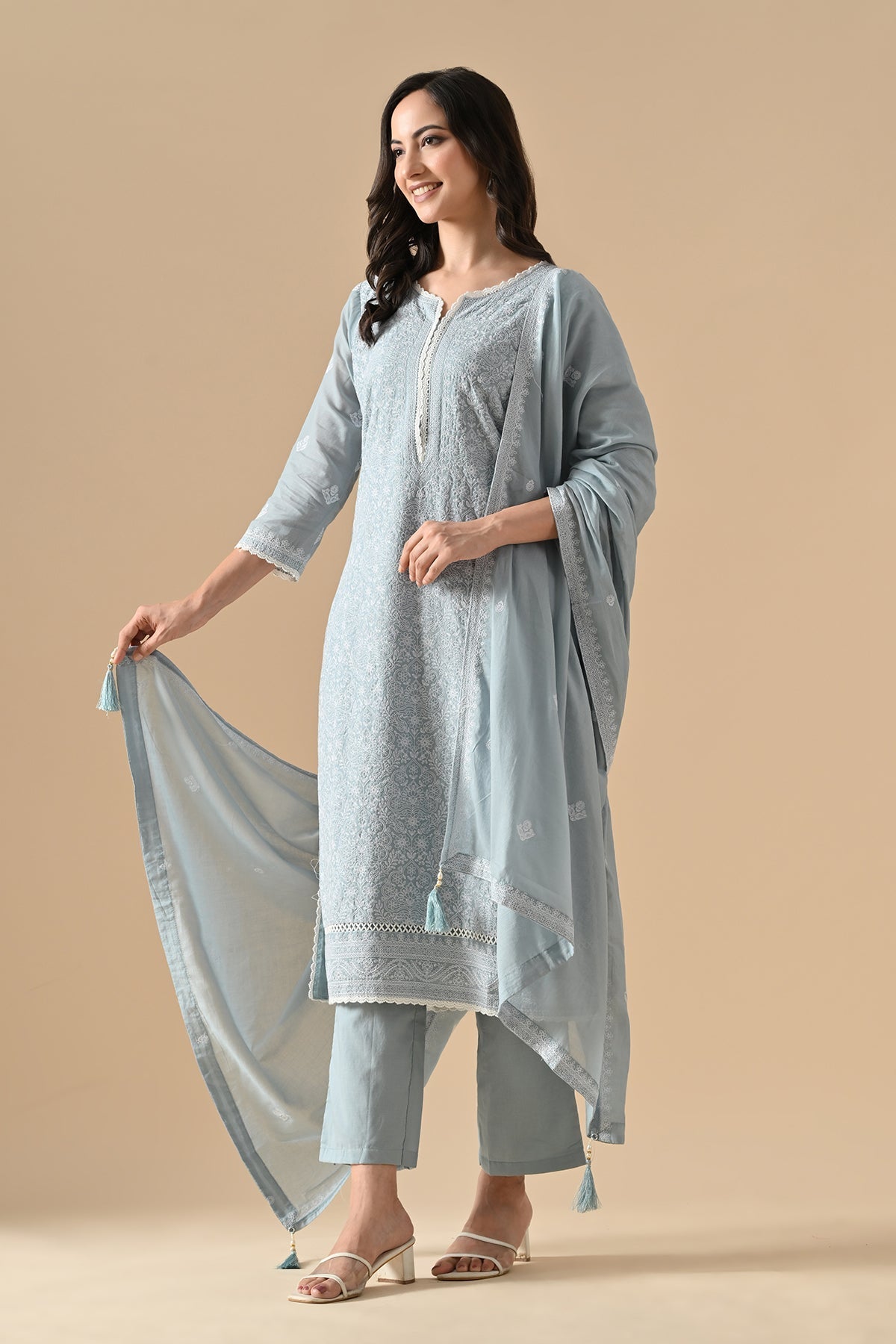 Blue Embroidered Kurta 3 Pcs Set