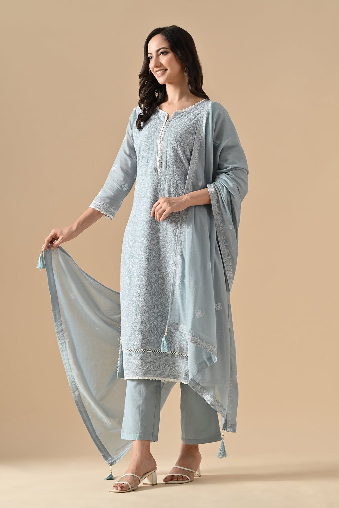 Blue Embroidered Kurta 3 Pcs Set