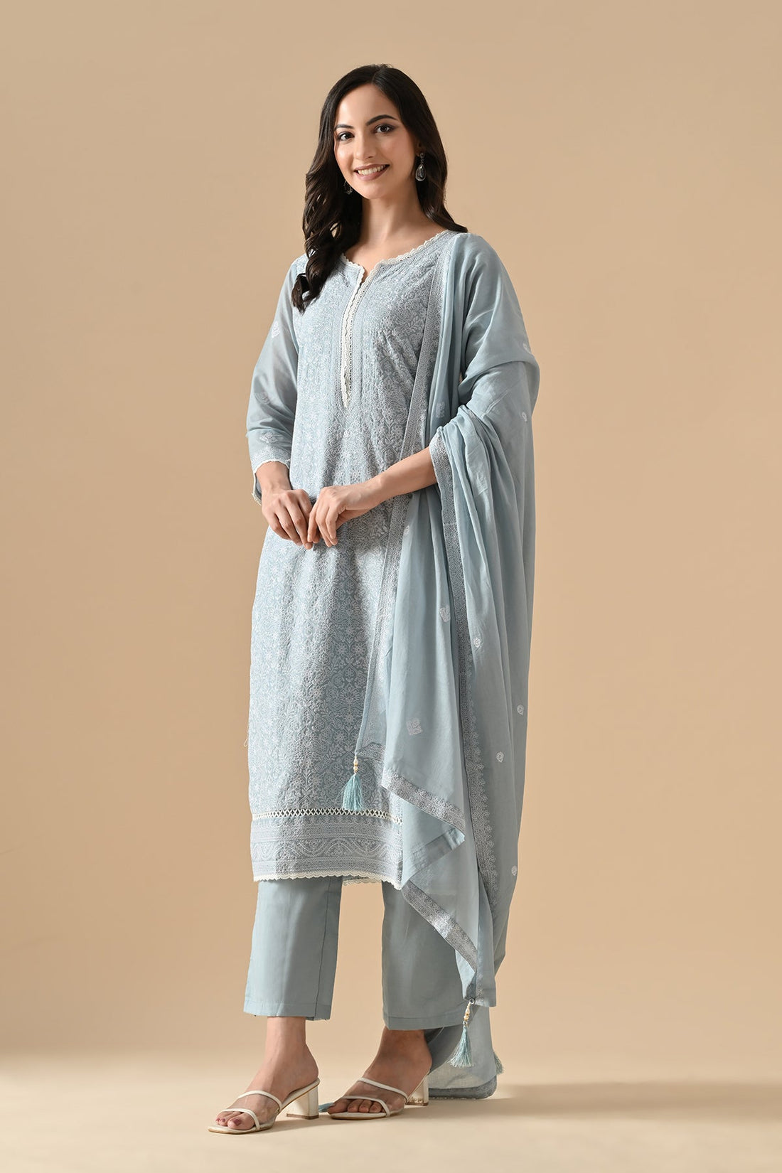 Blue Embroidered Kurta 3 Pcs Set