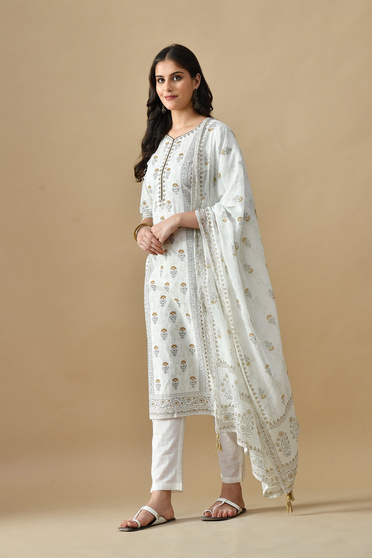Cream Printed Kurta 3 Pcs Set