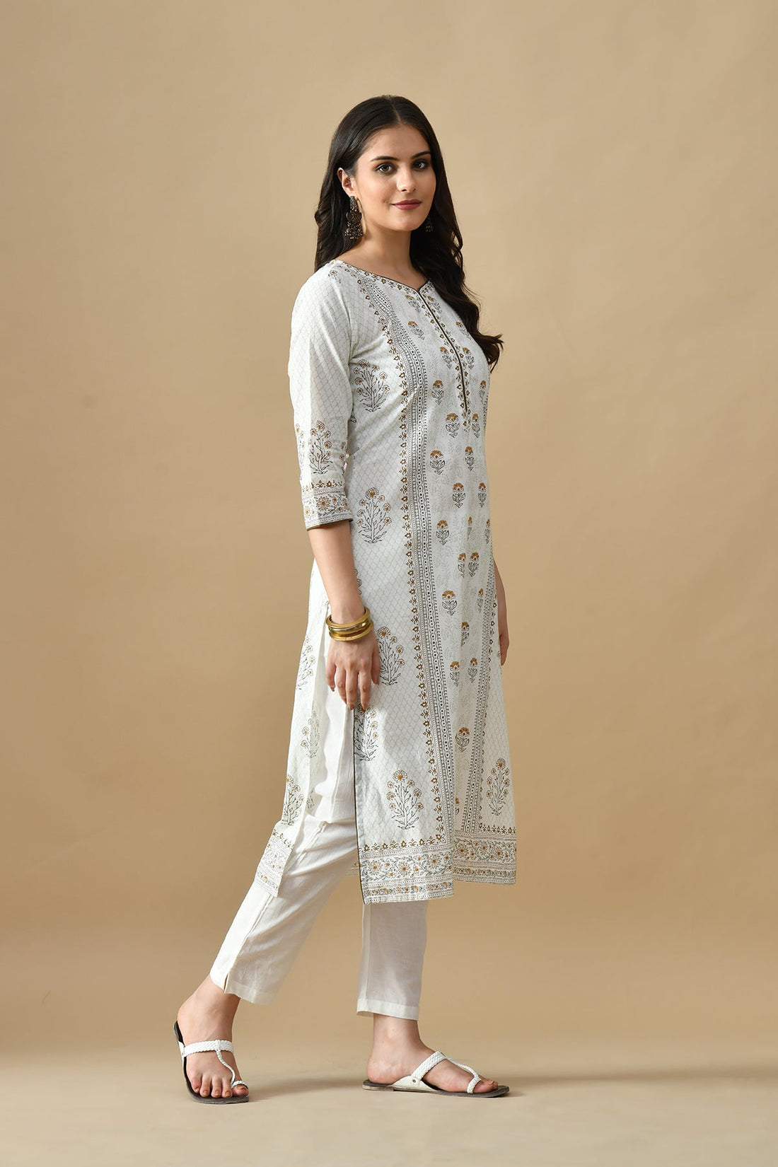Cream Printed Kurta 3 Pcs Set