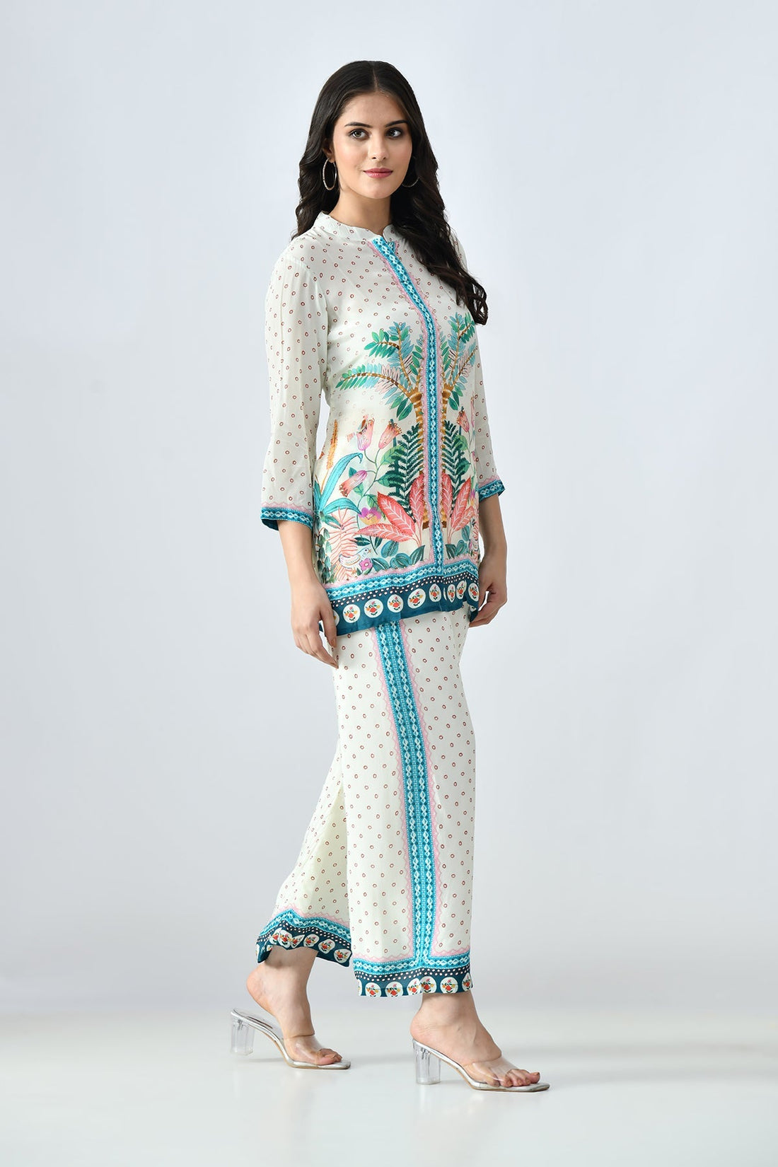 Cream Printed Co-Ord 3 Pcs Set