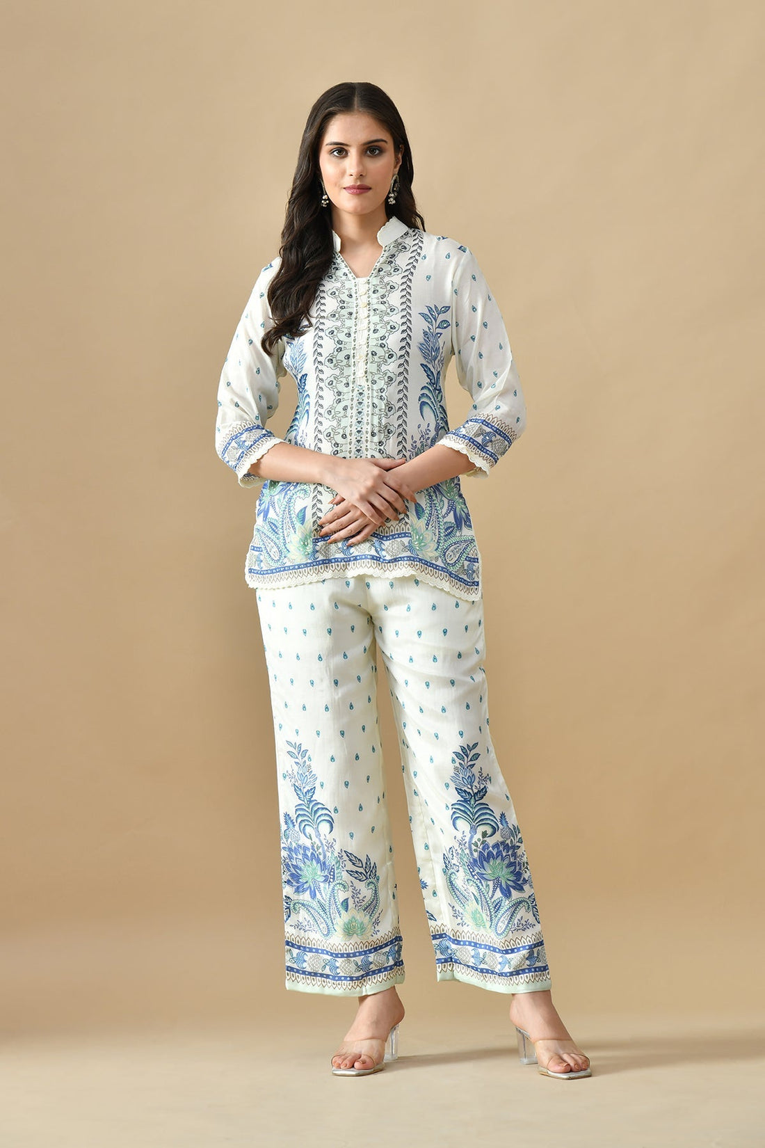 Cream Printed Co-Ord 3 Pcs Set