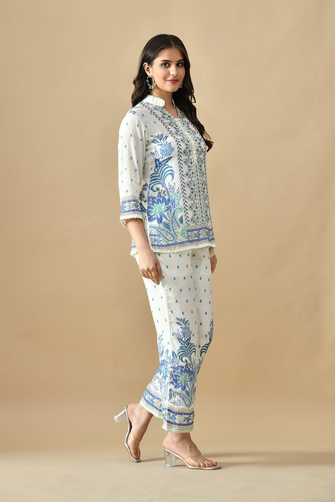 Cream Printed Co-Ord 3 Pcs Set