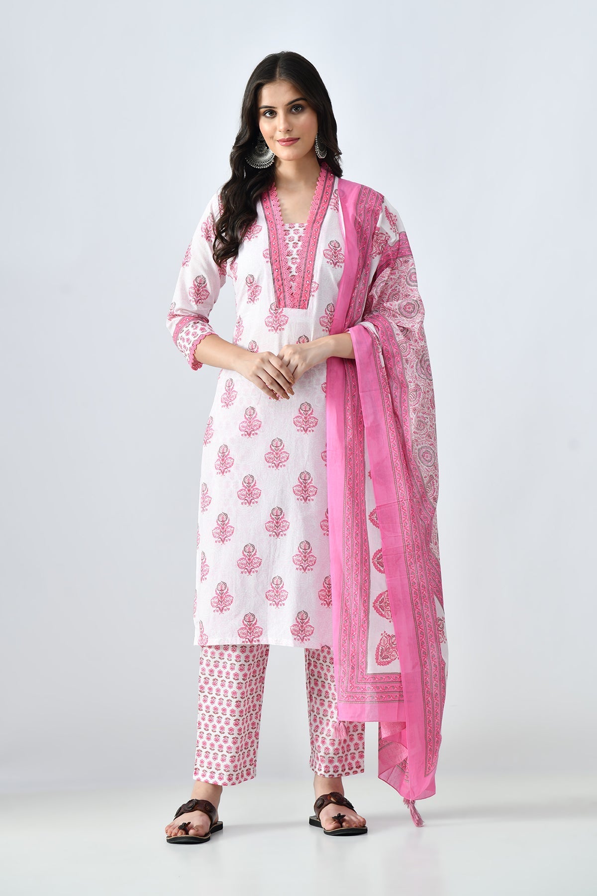Cream Printed Kurta 3 Pcs Set