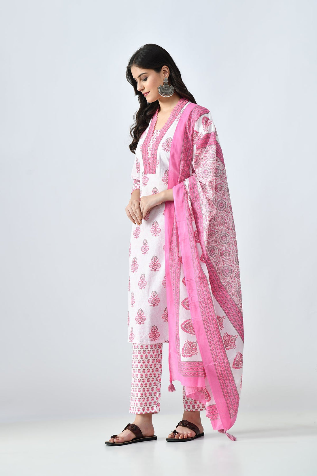 Cream Printed Kurta 3 Pcs Set