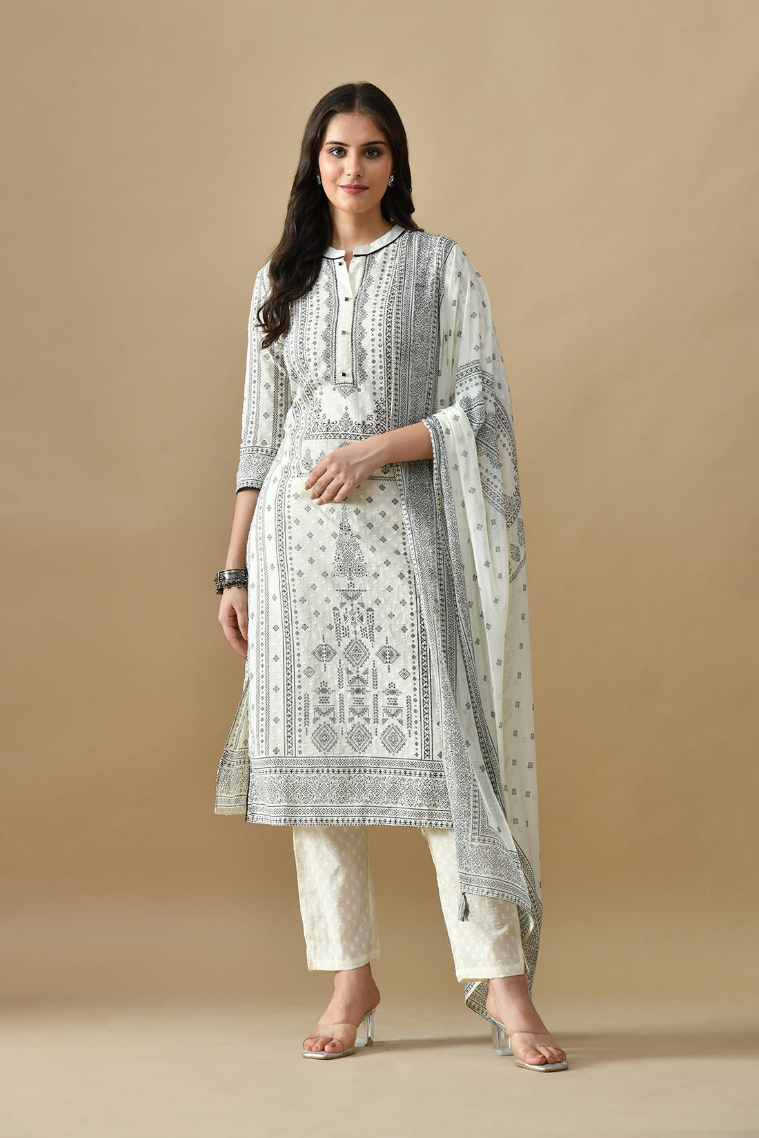 Cream Printed Kurta 3 Pcs Set