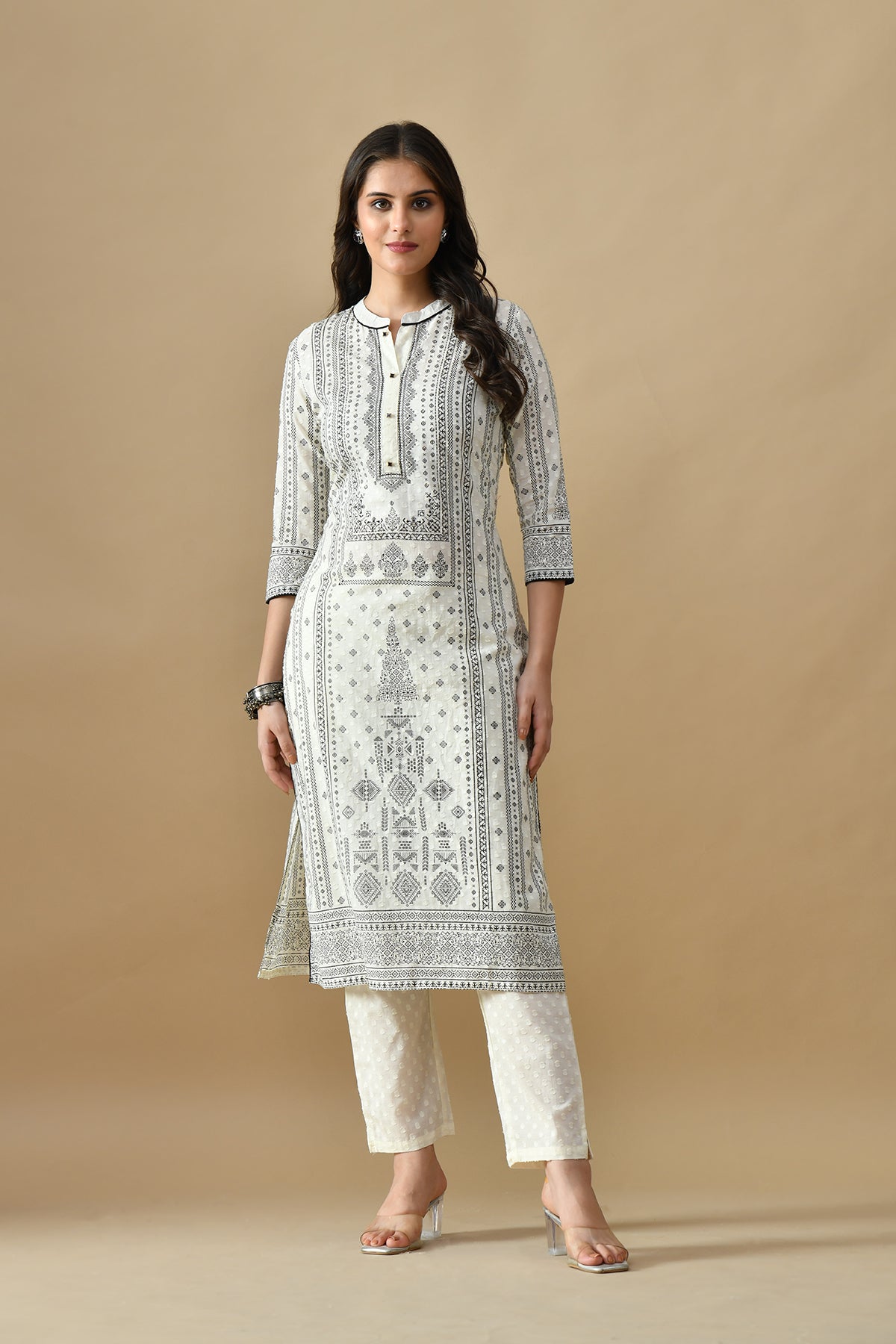 Cream Printed Kurta 3 Pcs Set