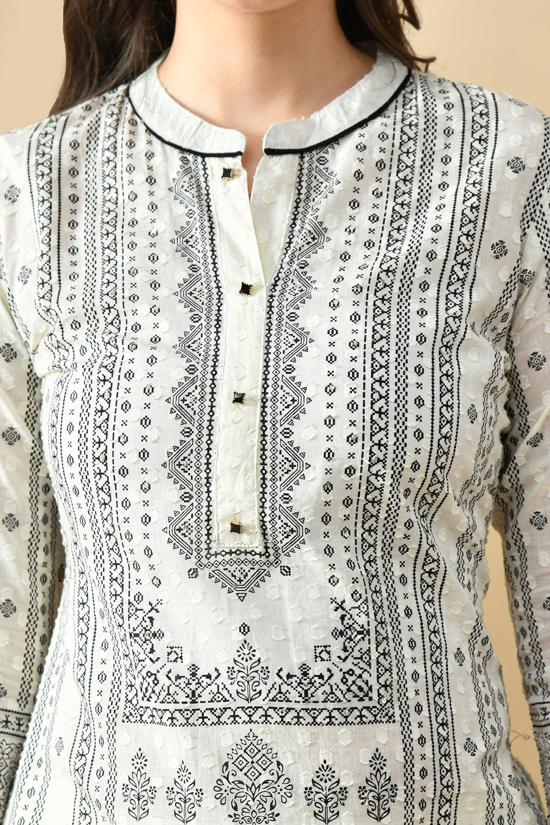 Cream Printed Kurta 3 Pcs Set