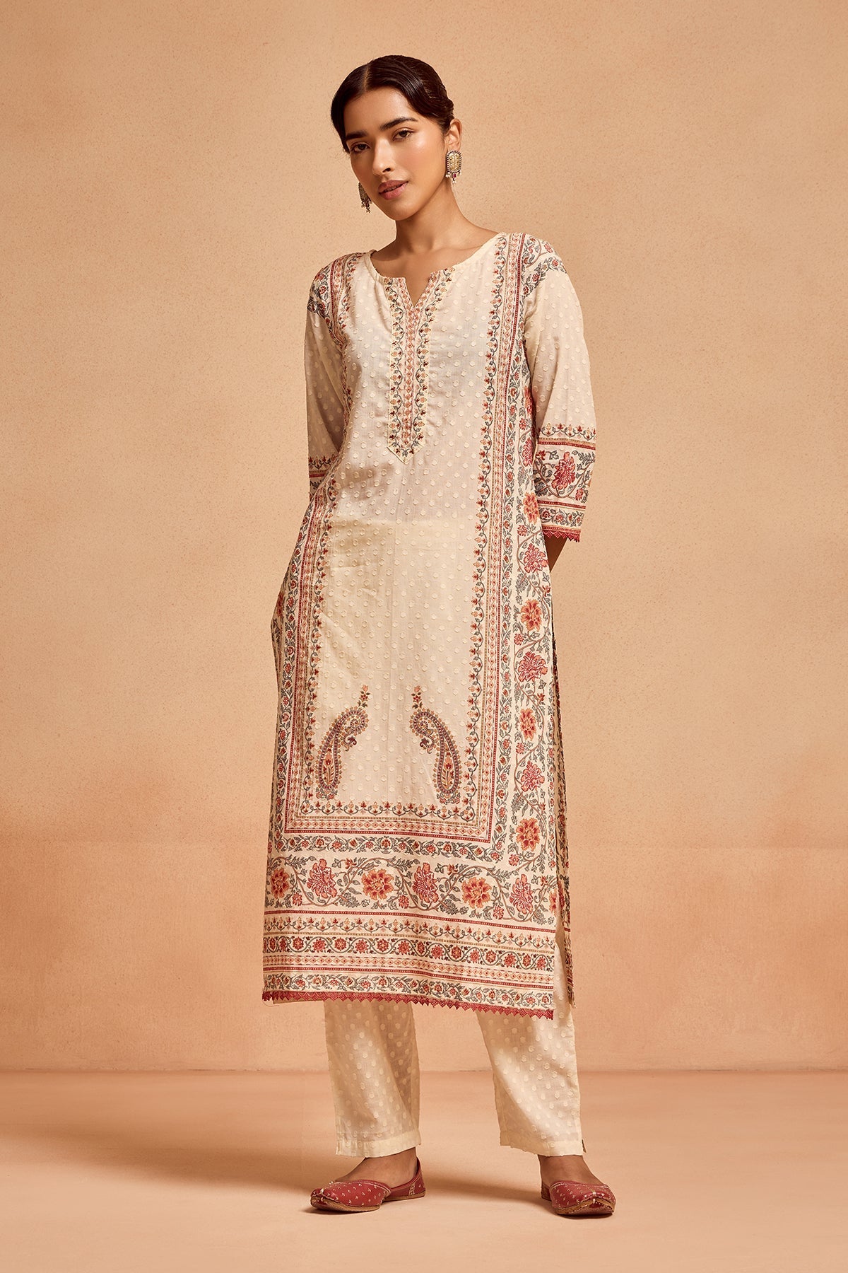 Cream Printed Kurta 3 Pcs Set
