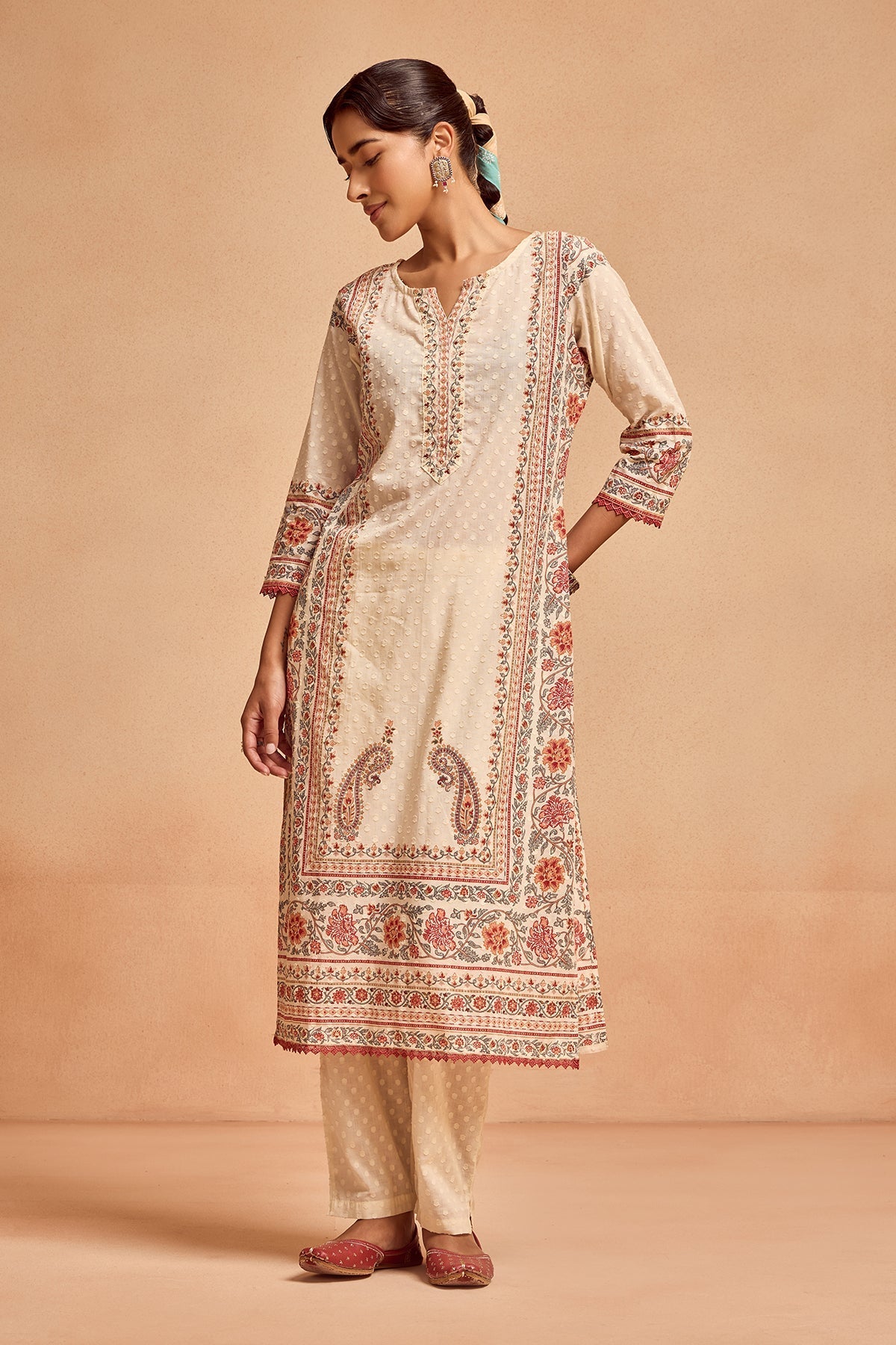 Cream Printed Kurta 3 Pcs Set