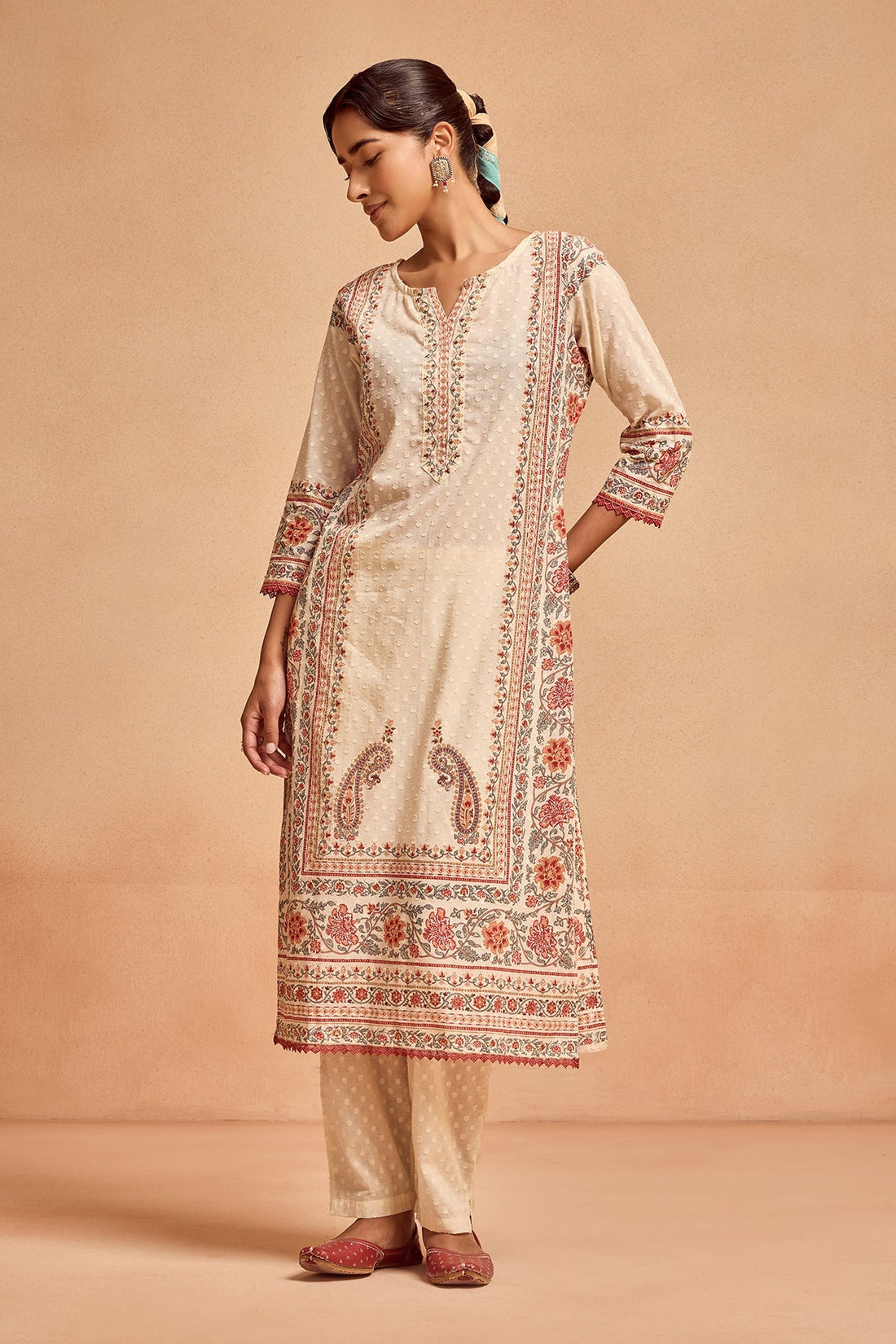 Cream Printed Kurta 3 Pcs Set