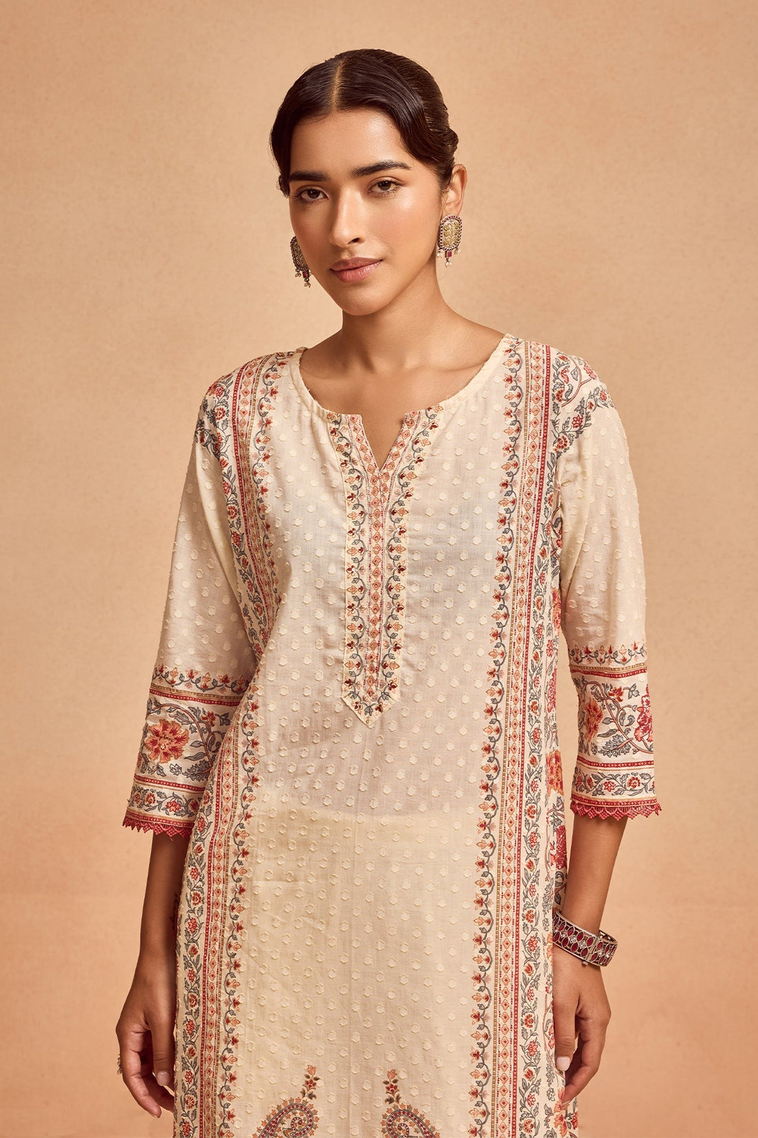 Cream Printed Kurta 3 Pcs Set