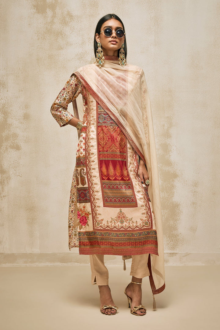 Beige Embellished Kurta 3 Pcs Set