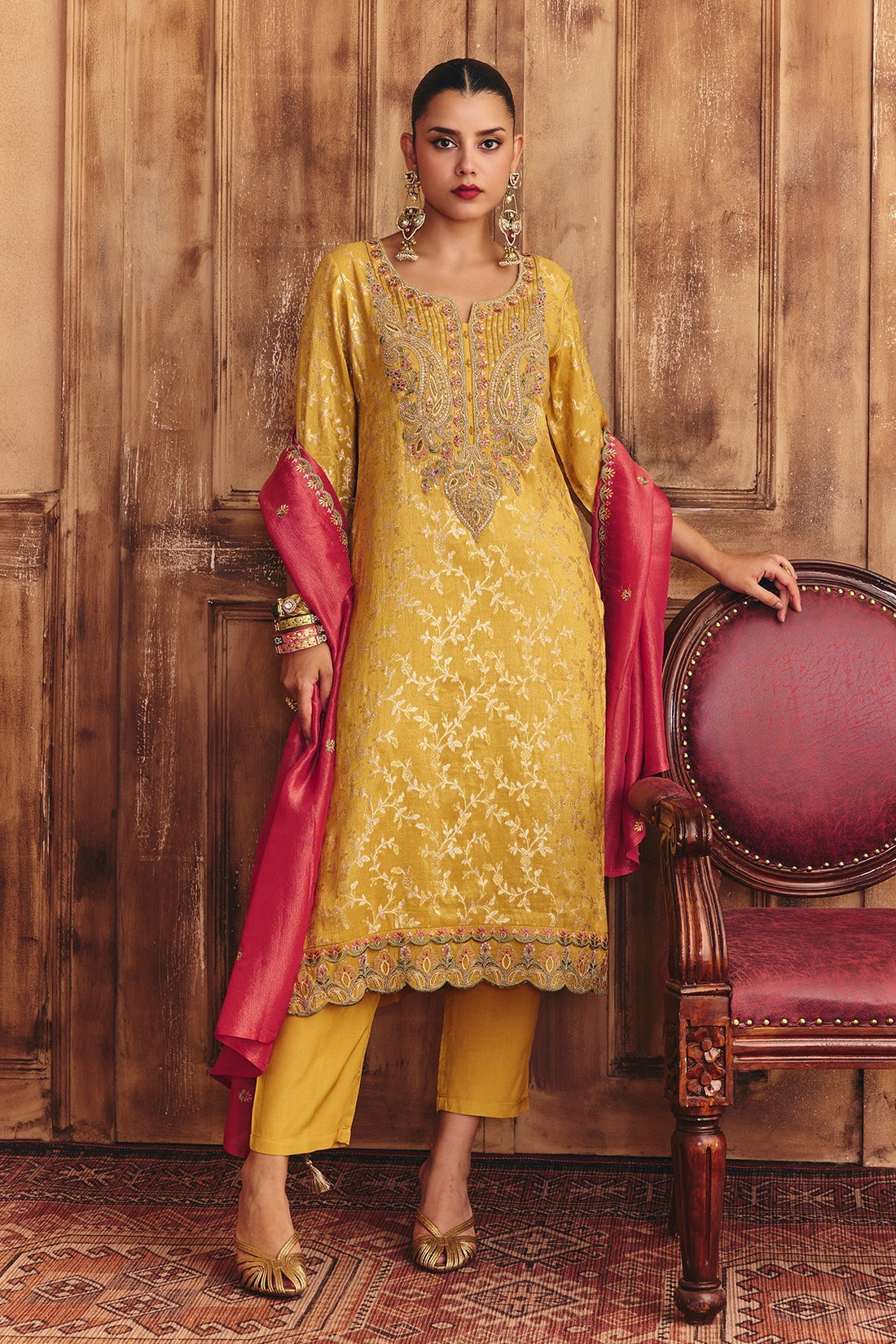 Mustard Embroidered Kurta 3 Pcs Set